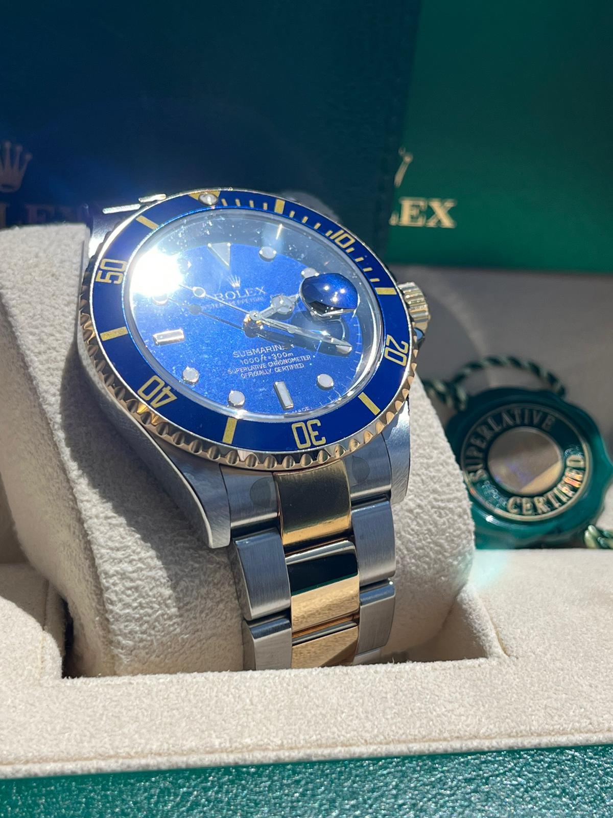 Rolex Submariner Date 40mm Blue Dial Steel 18K Yellow Gold Mens Watch 16613 For Sale 6