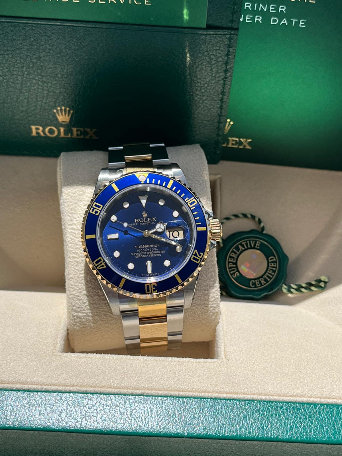 Modernist Rolex Submariner Date 40mm Blue Dial Steel 18K Yellow Gold Mens Watch 16613 For Sale