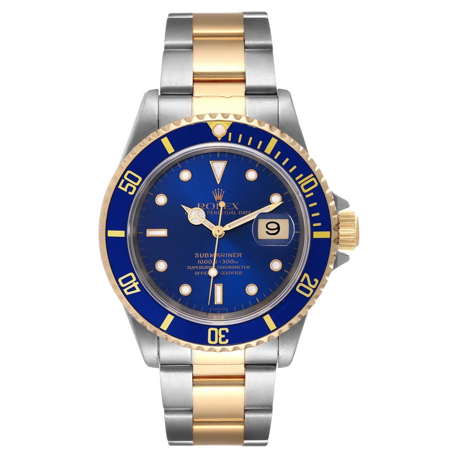 Rolex Submariner Date 40mm Blue Dial Steel 18K Yellow Gold Mens Watch 16613 For Sale