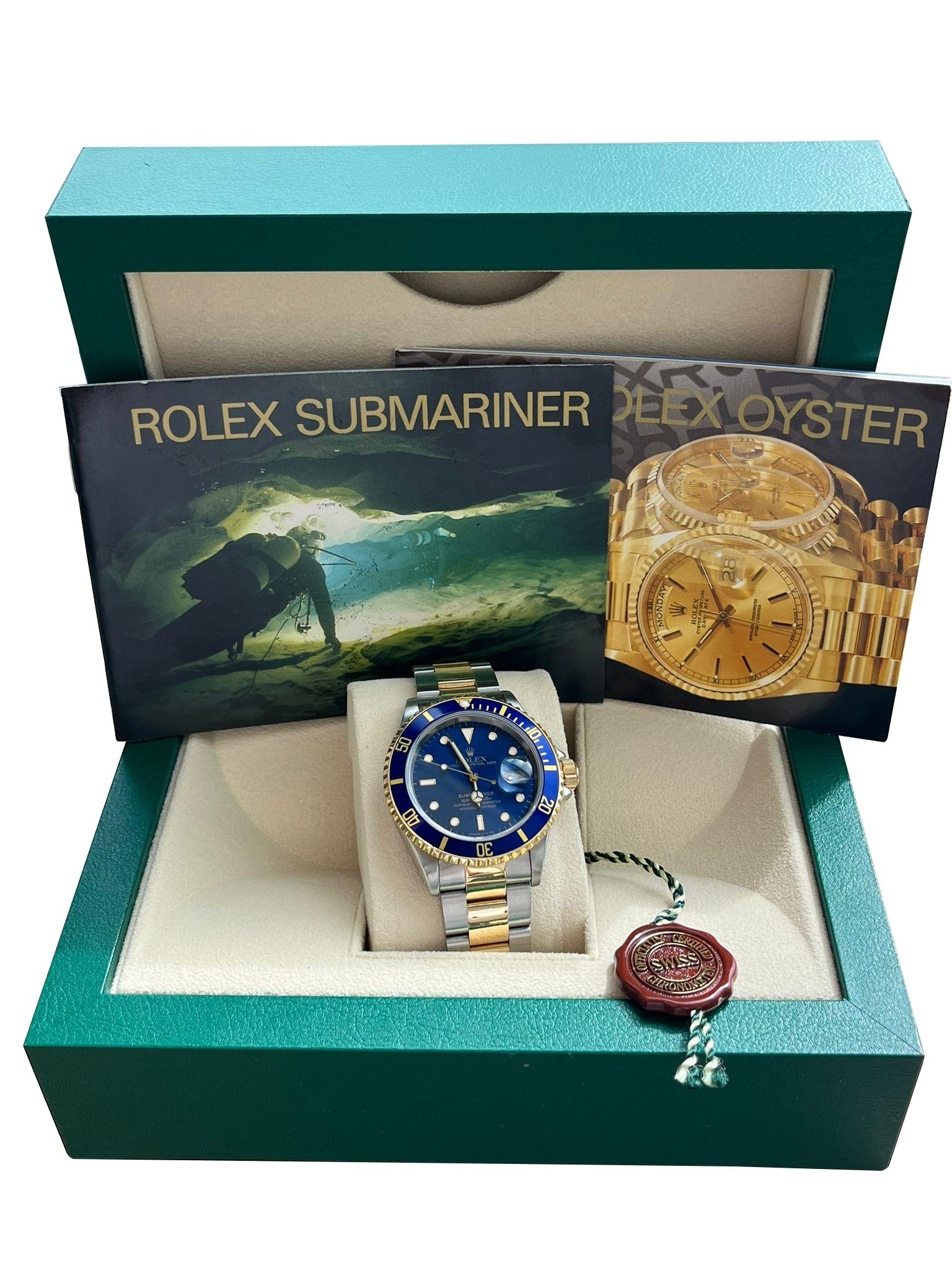 This Rolex Submariner with reference 16613 is in overall great condition. It features a stunning blue dial and bezel. The 40mm stainless steel oyster case with 18k gold bezel is sharp, fitted in great condition, and a virtually stretch-free Oyster