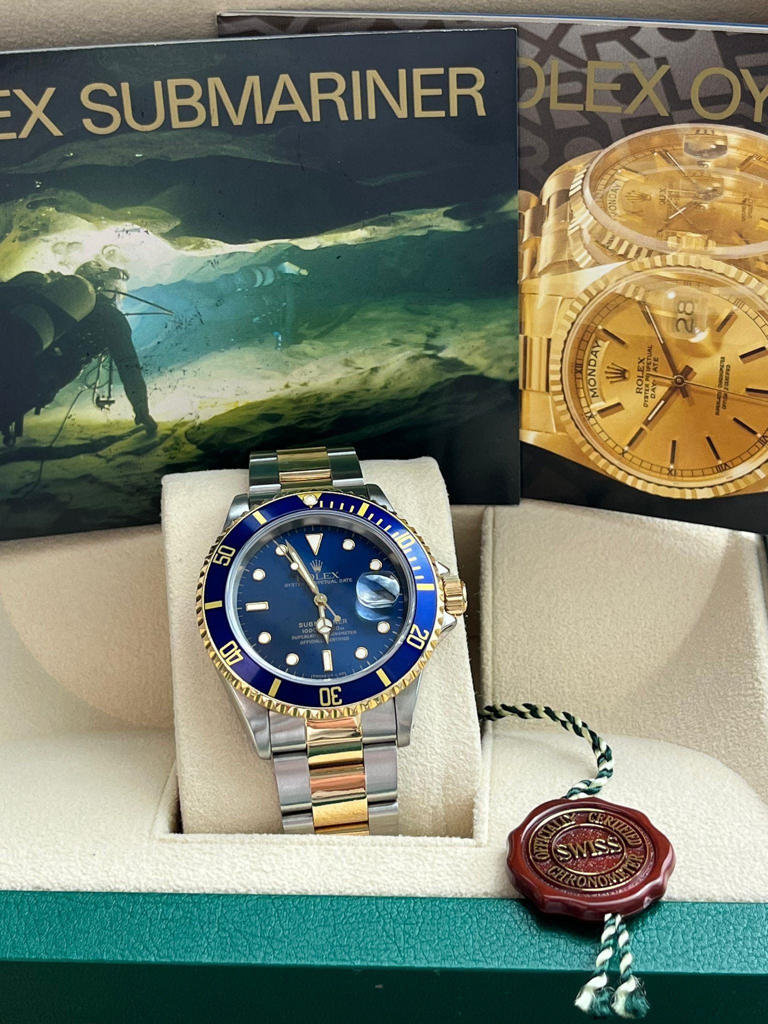 Modernist Rolex Submariner Date 40mm Blue Dial Two-Tone Gold Steel Automatic Watch 16613 For Sale
