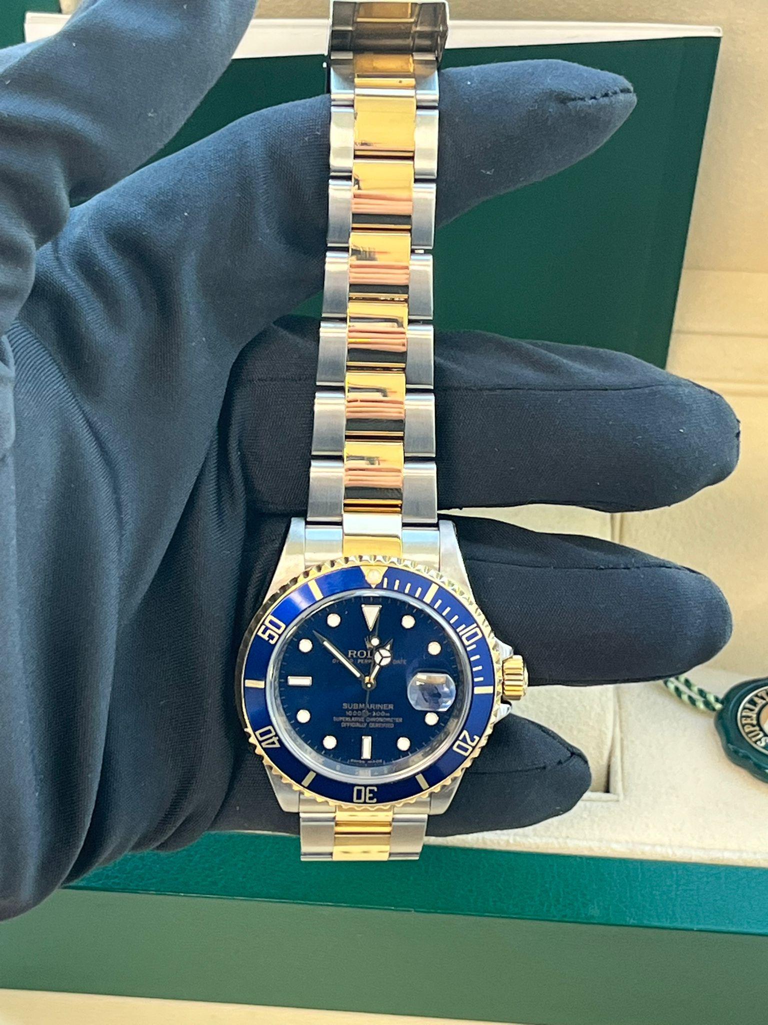 Rolex Submariner Date 40mm Engraved Blue Dial Gold Steel Oyster Watch 16613 For Sale 10