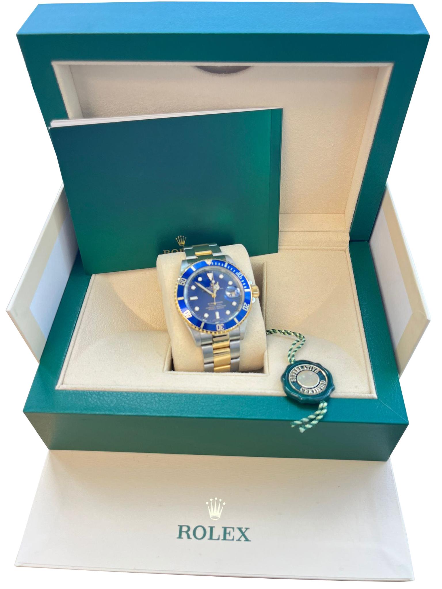 Rolex Submariner Blue Dial (Engraved) Steel Yellow Gold Mens Watch 16613 Box Only. chronometer, automatic self-winding movement. Stainless steel and 18k yellow gold oyster case 40.0 mm in diameter. Rolex logo on the crown. 18k yellow gold blue