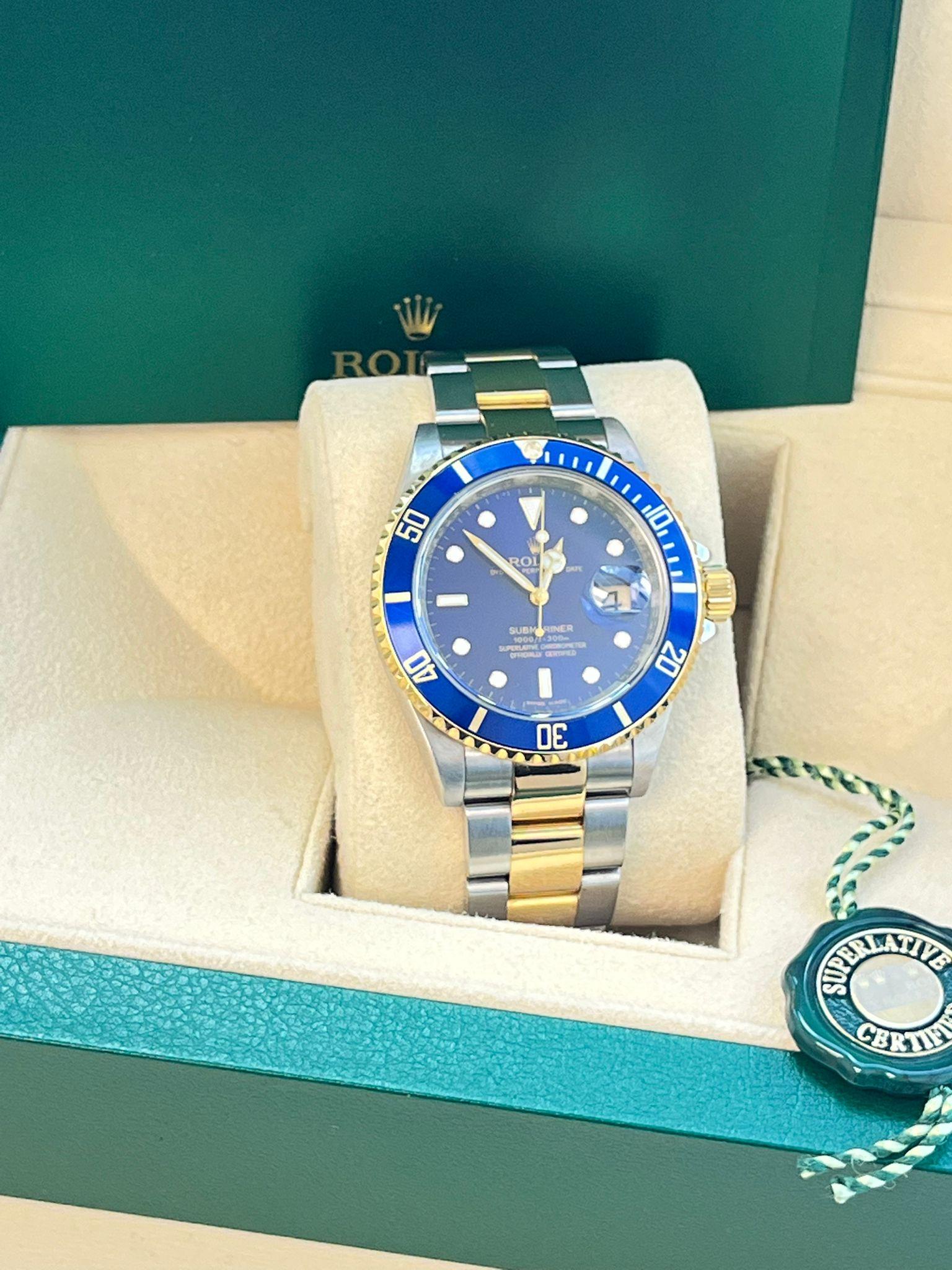 Modernist Rolex Submariner Date 40mm Engraved Blue Dial Gold Steel Oyster Watch 16613 For Sale