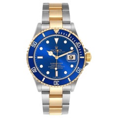 Rolex Submariner Date 40mm Engraved Blue Dial Gold Steel Oyster Watch 16613