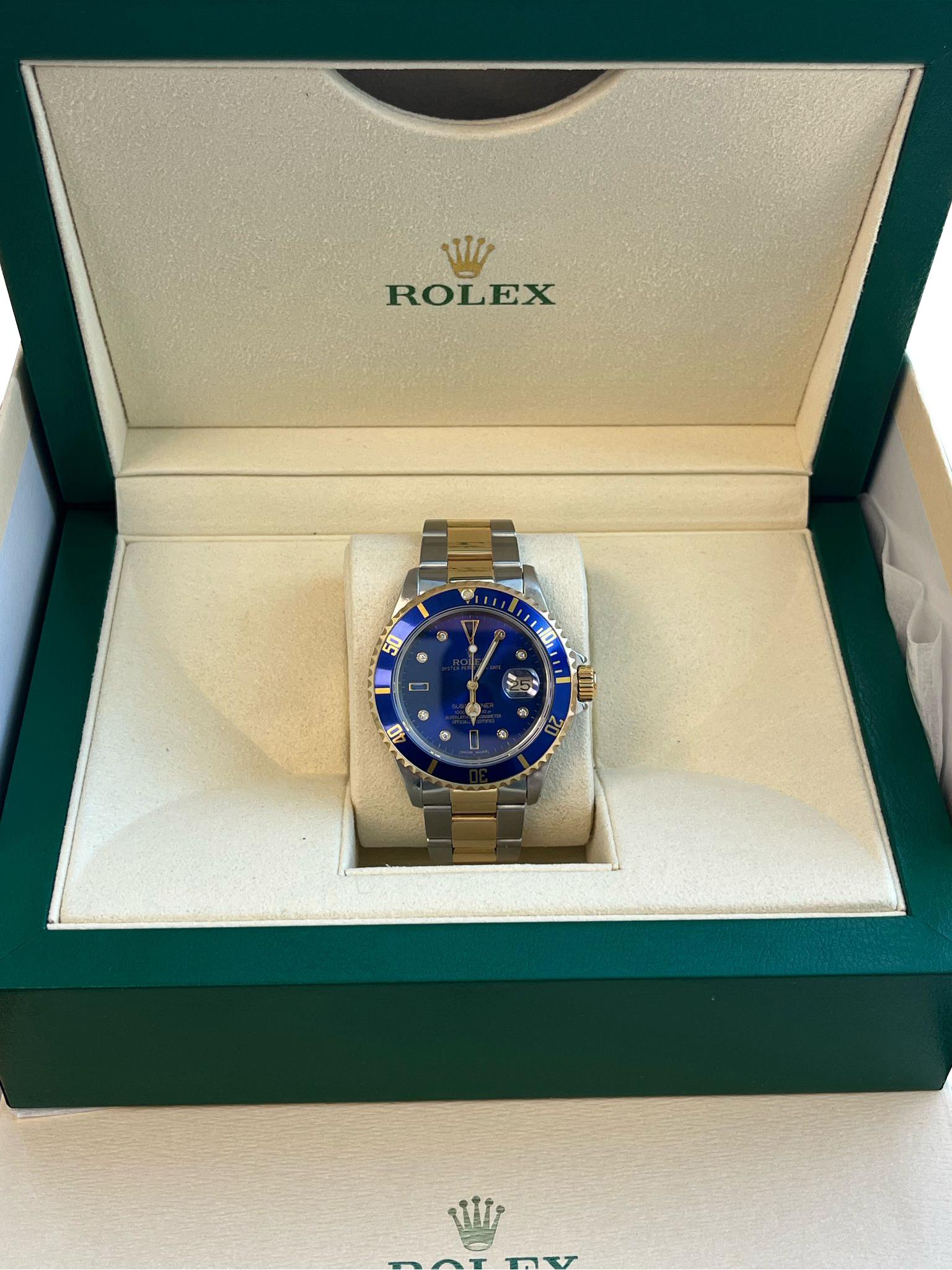 Rolex Submariner Date 40mm Oro/Acciaio Blu Serti Diamante Orologio da Uomo 16613 in vendita 4