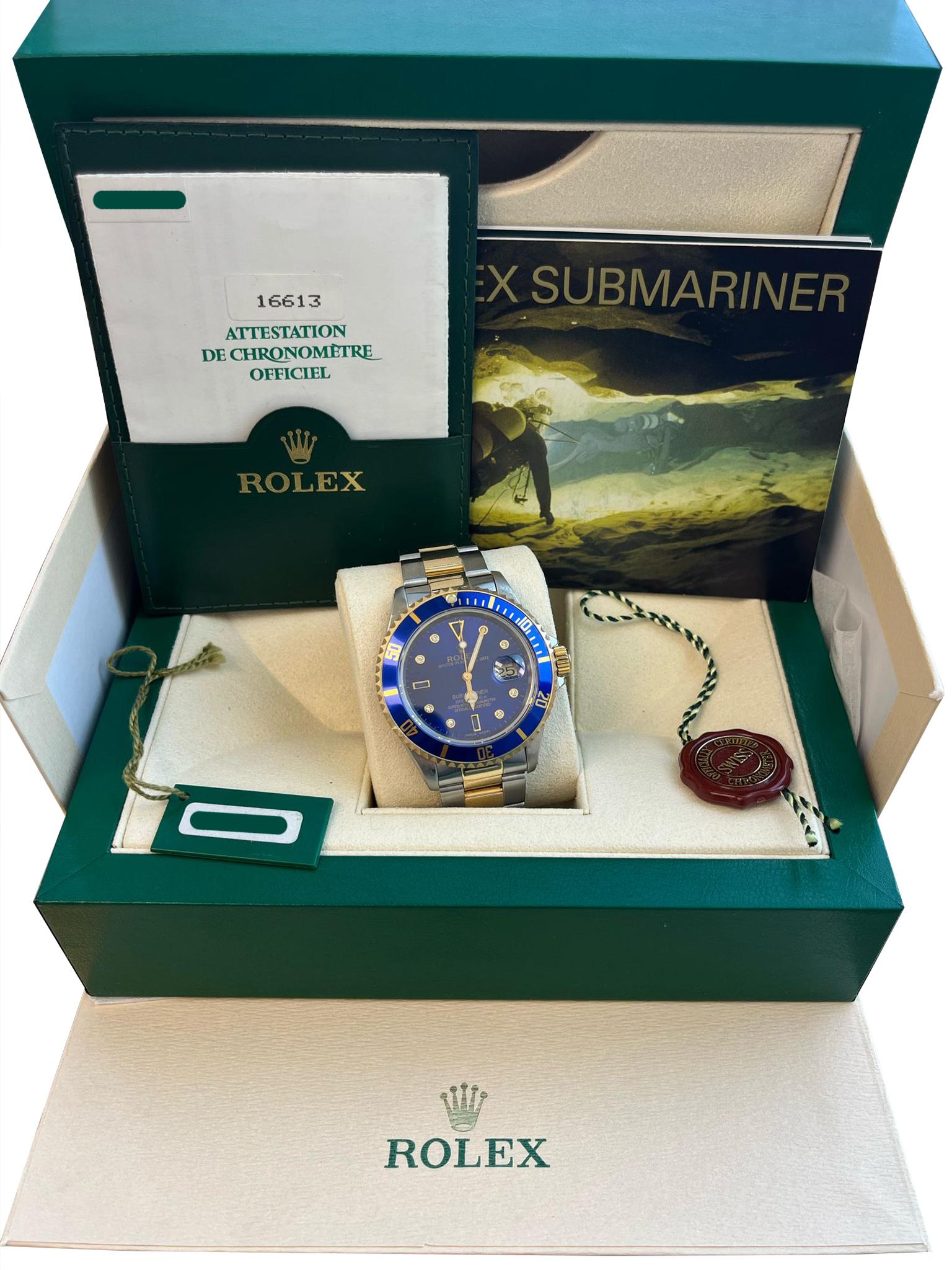 Orologio Rolex Submariner da uomo con quadrante con diamanti Serti Aftermarket 16613 - Orologio da polso da uomo a carica automatica. Cassa in acciaio con lunetta in oro giallo 18 carati con inserto blu (diametro 40 mm). Autentico quadrante Rolex