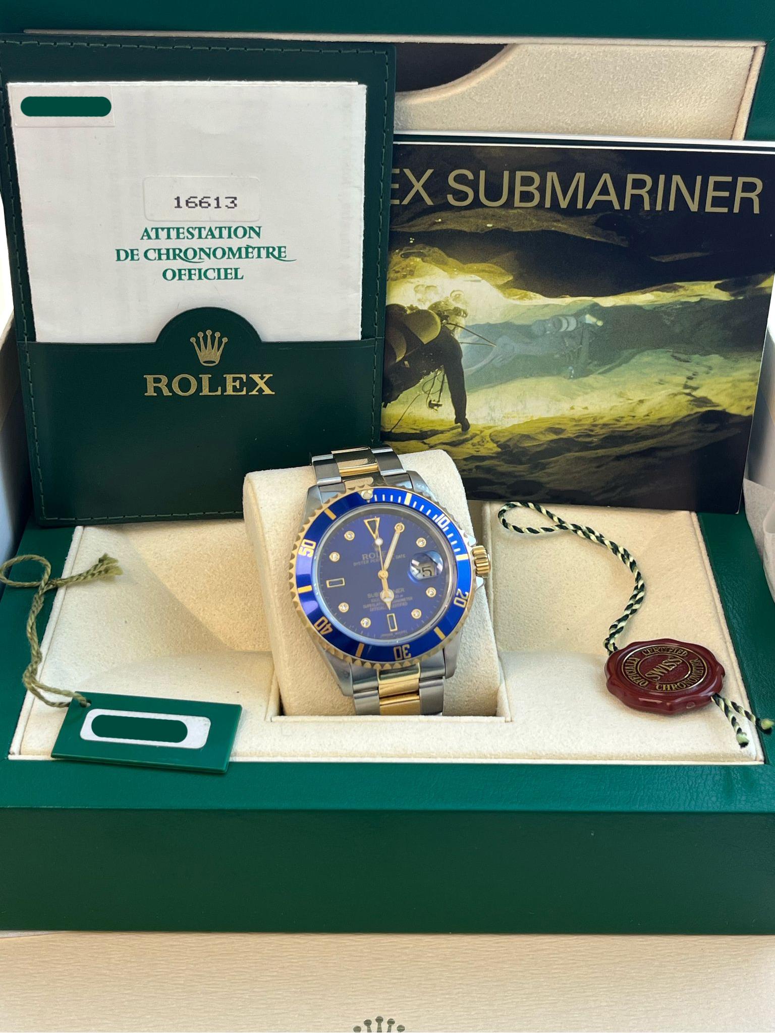Taglio rotondo Rolex Submariner Date 40mm Oro/Acciaio Blu Serti Diamante Orologio da Uomo 16613 in vendita