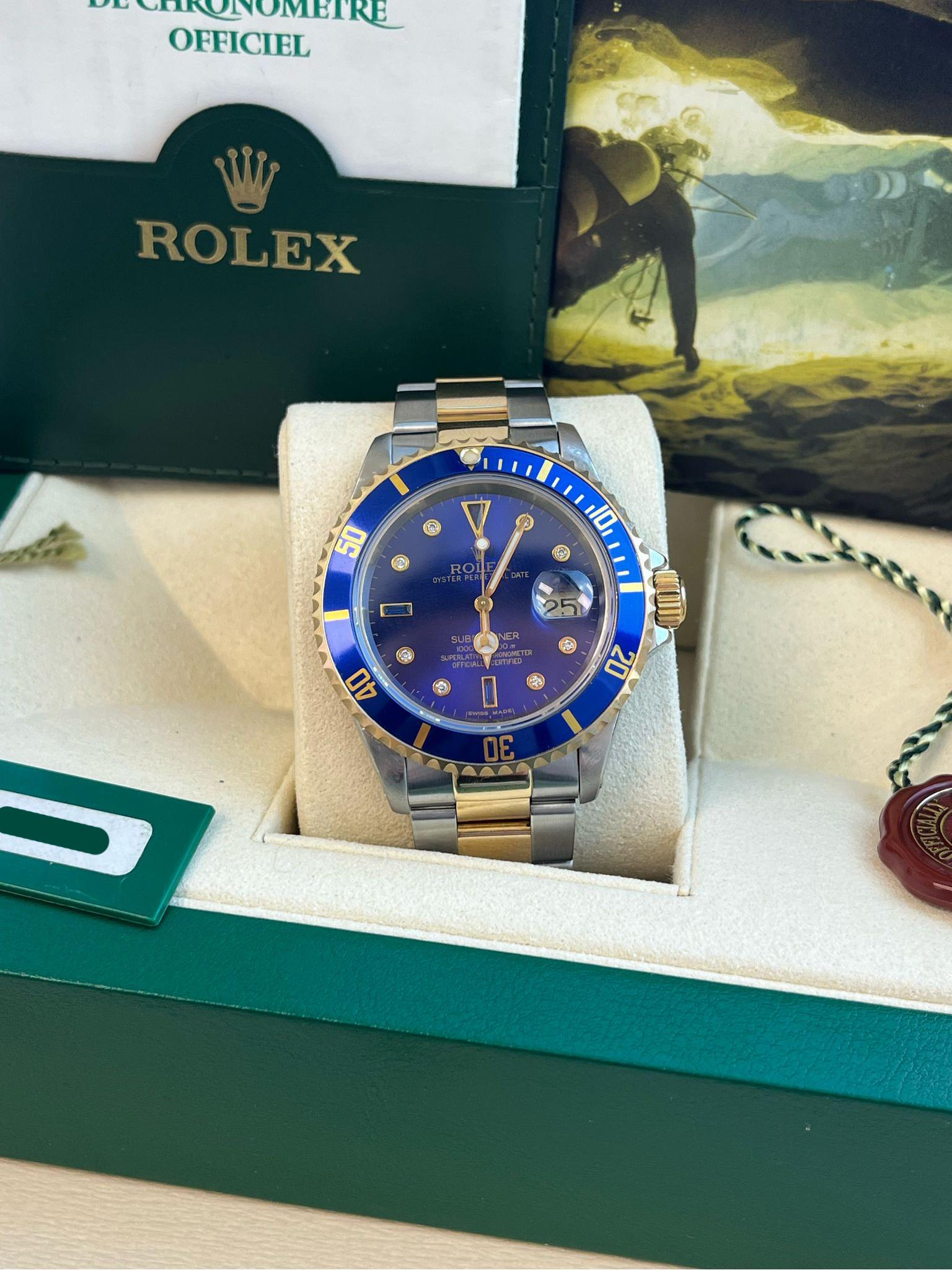Rolex Submariner Date 40mm Oro/Acciaio Blu Serti Diamante Orologio da Uomo 16613 In condizioni buone in vendita a Aventura, FL