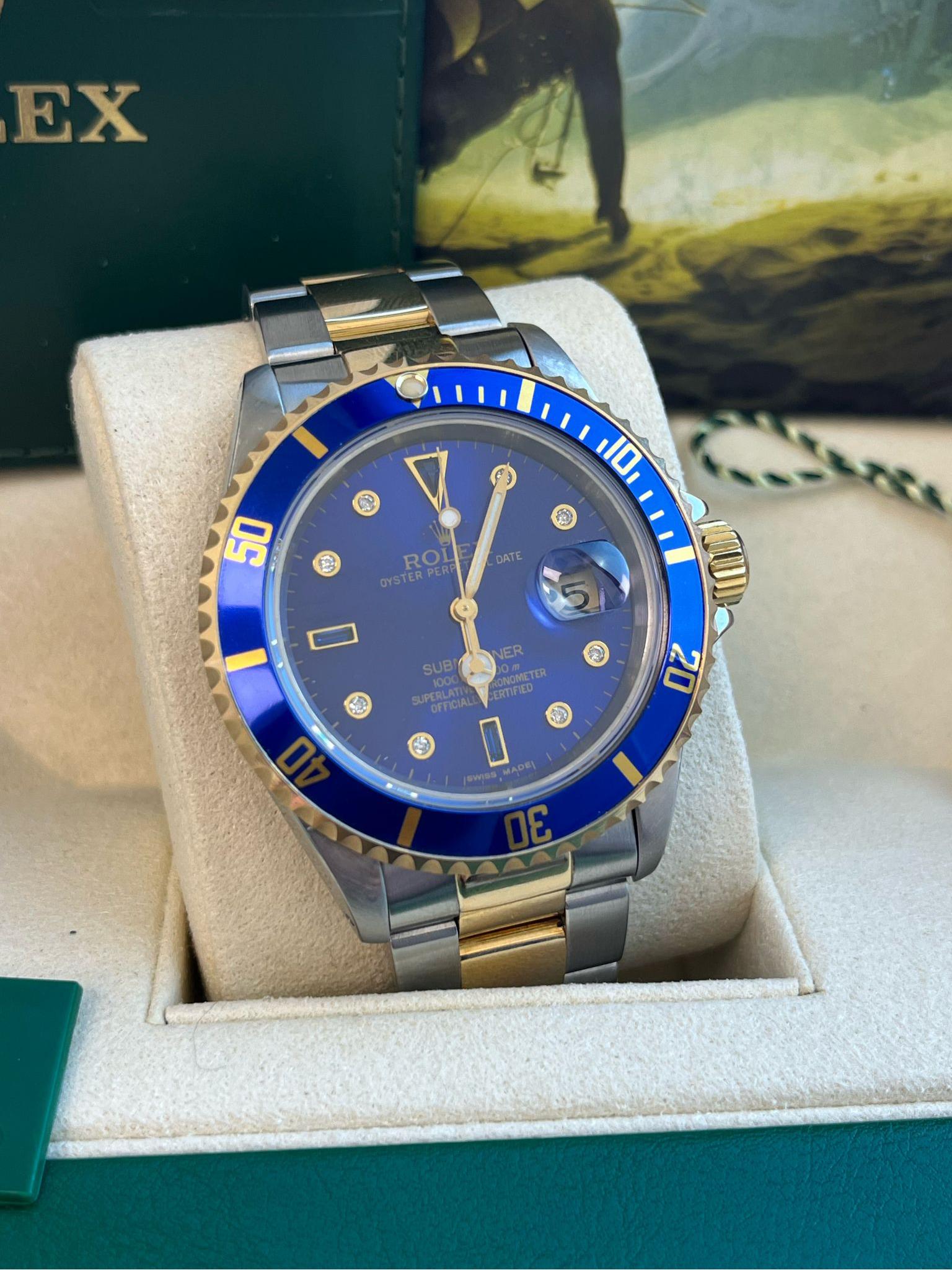 da uomo o donna Rolex Submariner Date 40mm Oro/Acciaio Blu Serti Diamante Orologio da Uomo 16613 in vendita