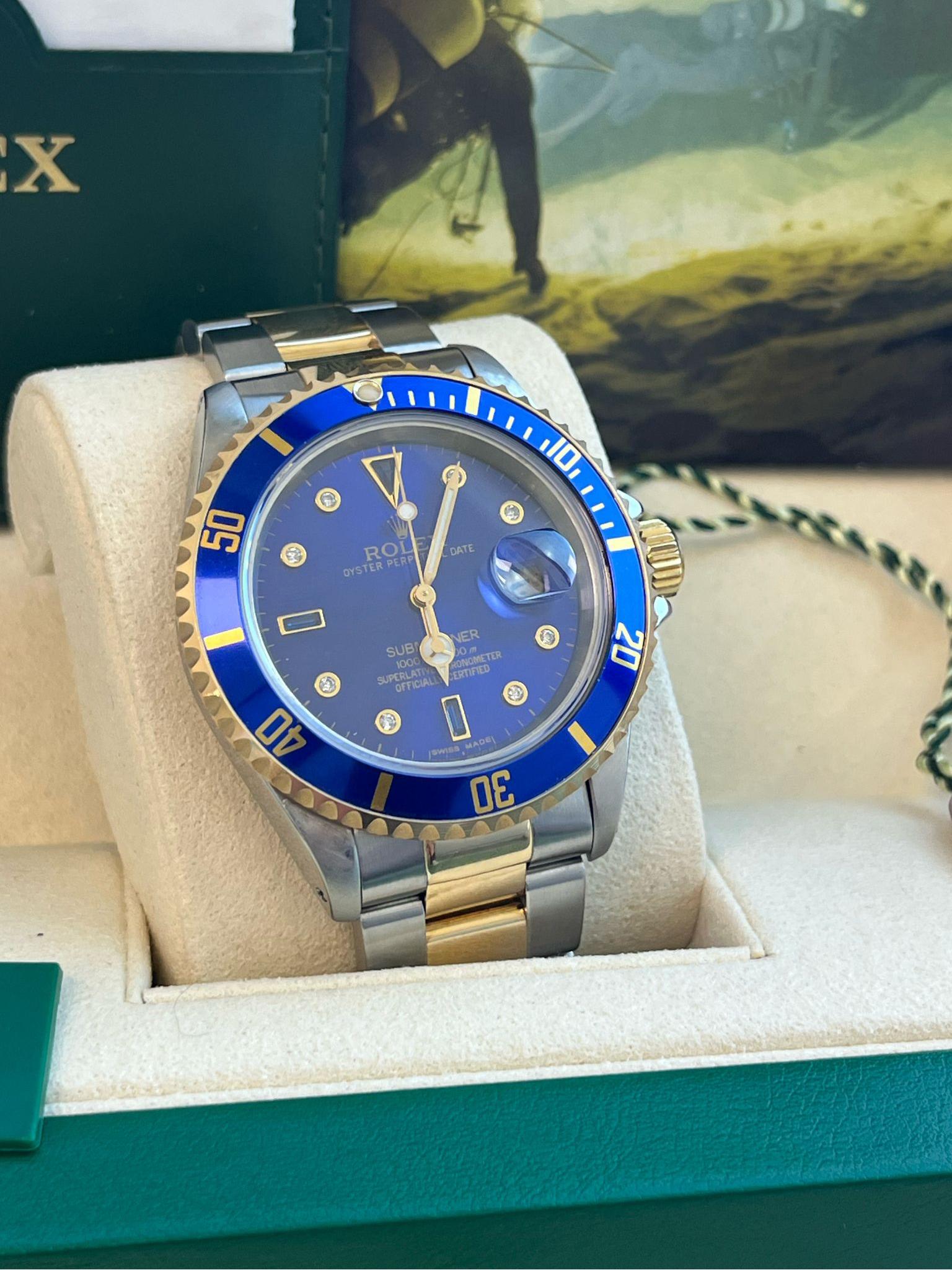 Rolex Submariner Date 40mm Oro/Acciaio Blu Serti Diamante Orologio da Uomo 16613 in vendita 3