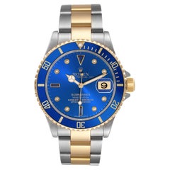 Rolex Submariner Date 40mm Gold/Steel Blue Serti Diamond Dial Men's Watch 16613