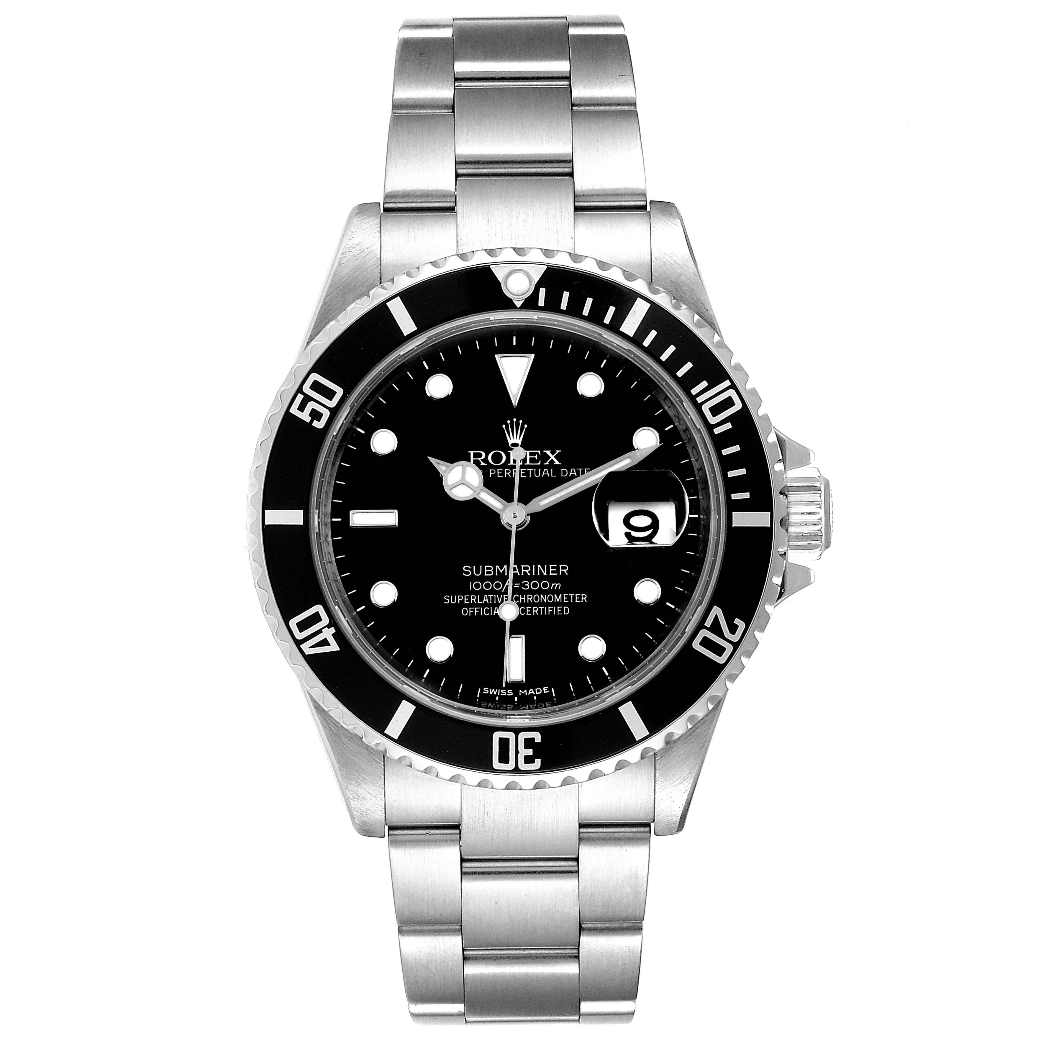 Rolex Submariner Date 40mm Stainless Steel Mens Watch 16610 Box Card. Officially certified chronometer self-winding movement. Stainless steel case 40.0 mm in diameter. Rolex logo on a crown. Special time-lapse unidirectional rotating bezel. Scratch