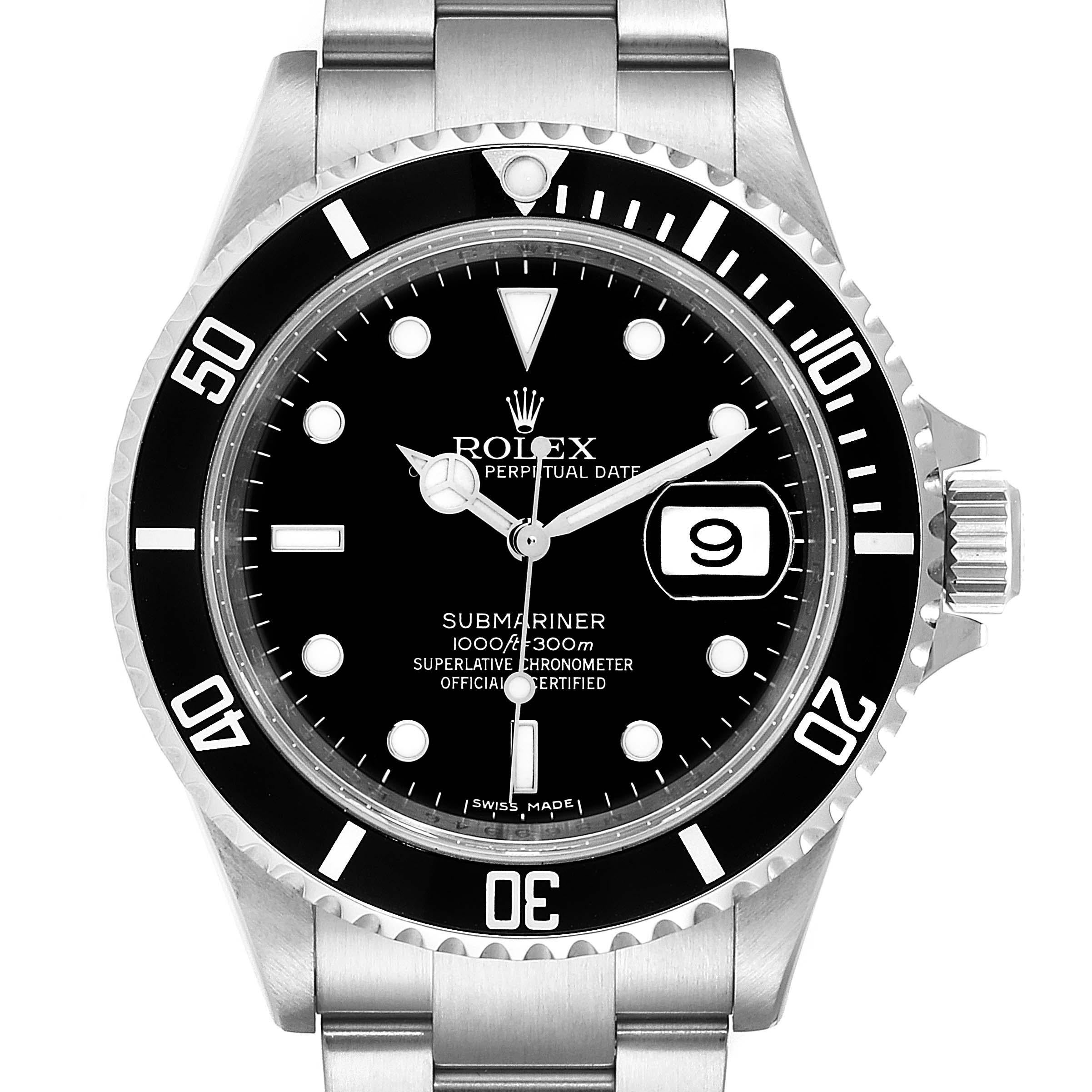Rolex Submariner Date 40mm Stainless Steel Mens Watch 16610 Box Card. Officially certified chronometer self-winding movement. Stainless steel case 40.0 mm in diameter. Rolex logo on a crown. Special time-lapse unidirectional rotating bezel. Scratch