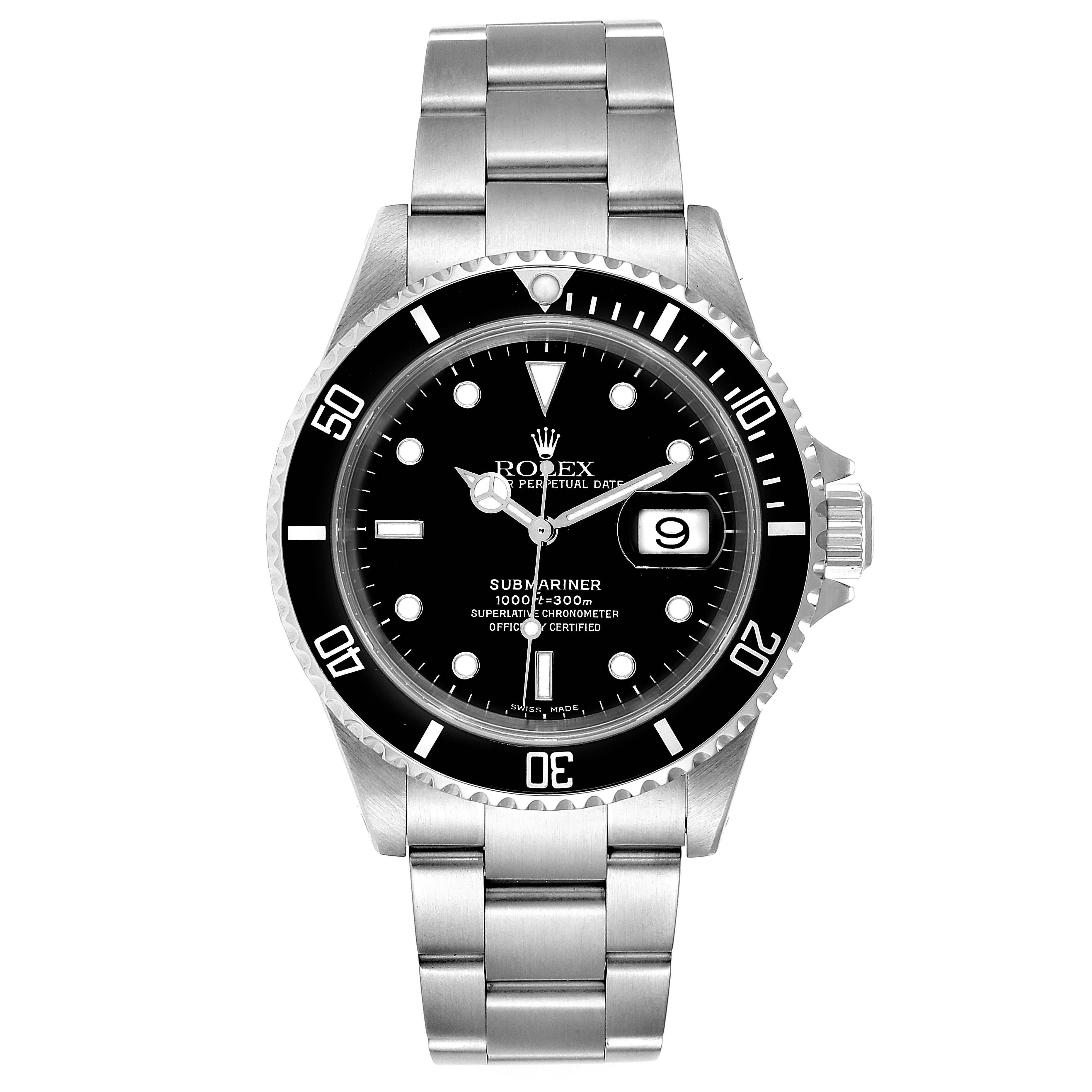 Rolex Submariner Date 40mm Stainless Steel Mens Watch 16610 Box Papers. Officially certified chronometer self-winding movement. Stainless steel case 40.0 mm in diameter. Rolex logo on a crown. Special time-lapse unidirectional rotating bezel.
