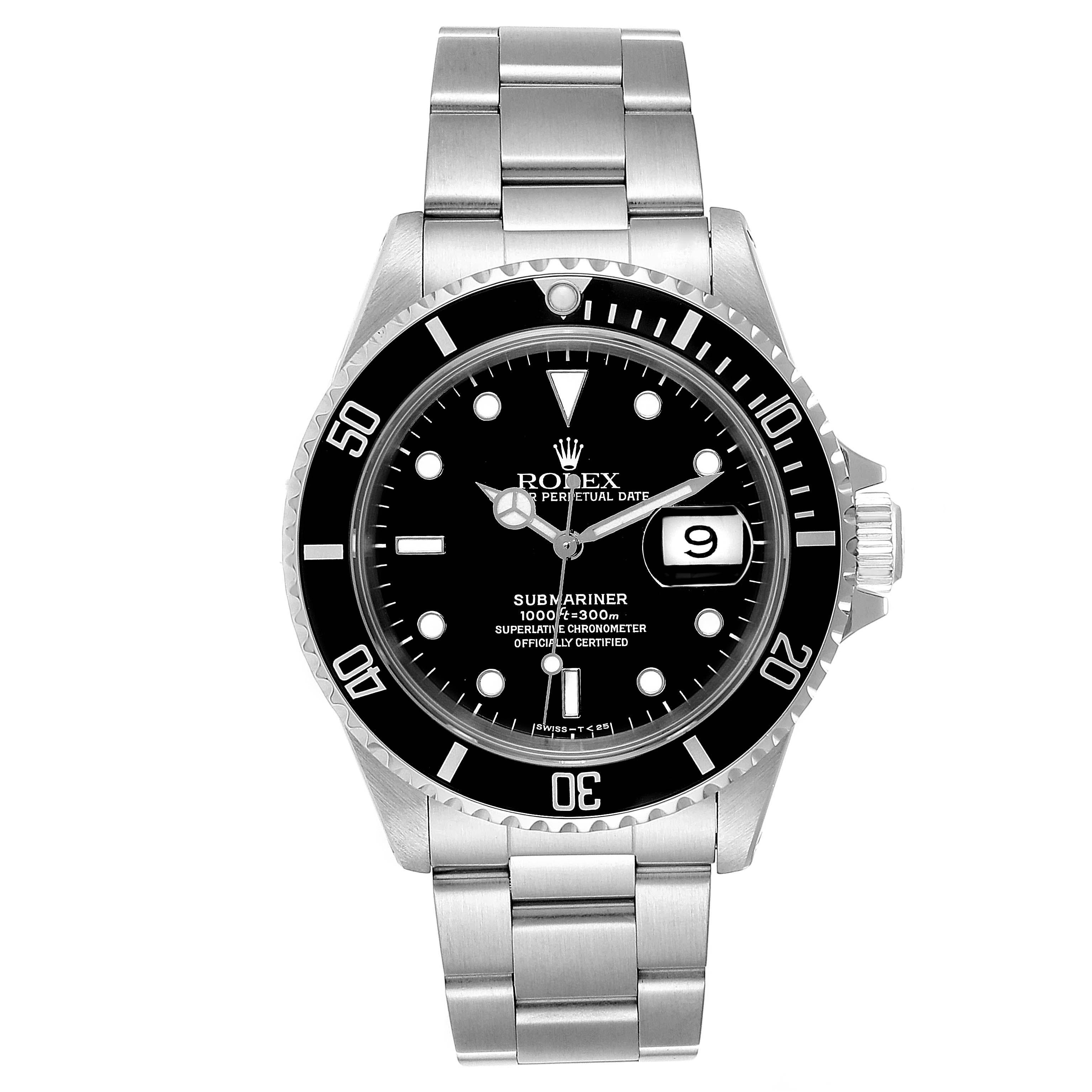 Rolex Submariner Date 40mm Stainless Steel Mens Watch 16610 Box Papers. Officially certified chronometer self-winding movement. Stainless steel case 40.0 mm in diameter. Rolex logo on a crown. Special time-lapse unidirectional rotating bezel.