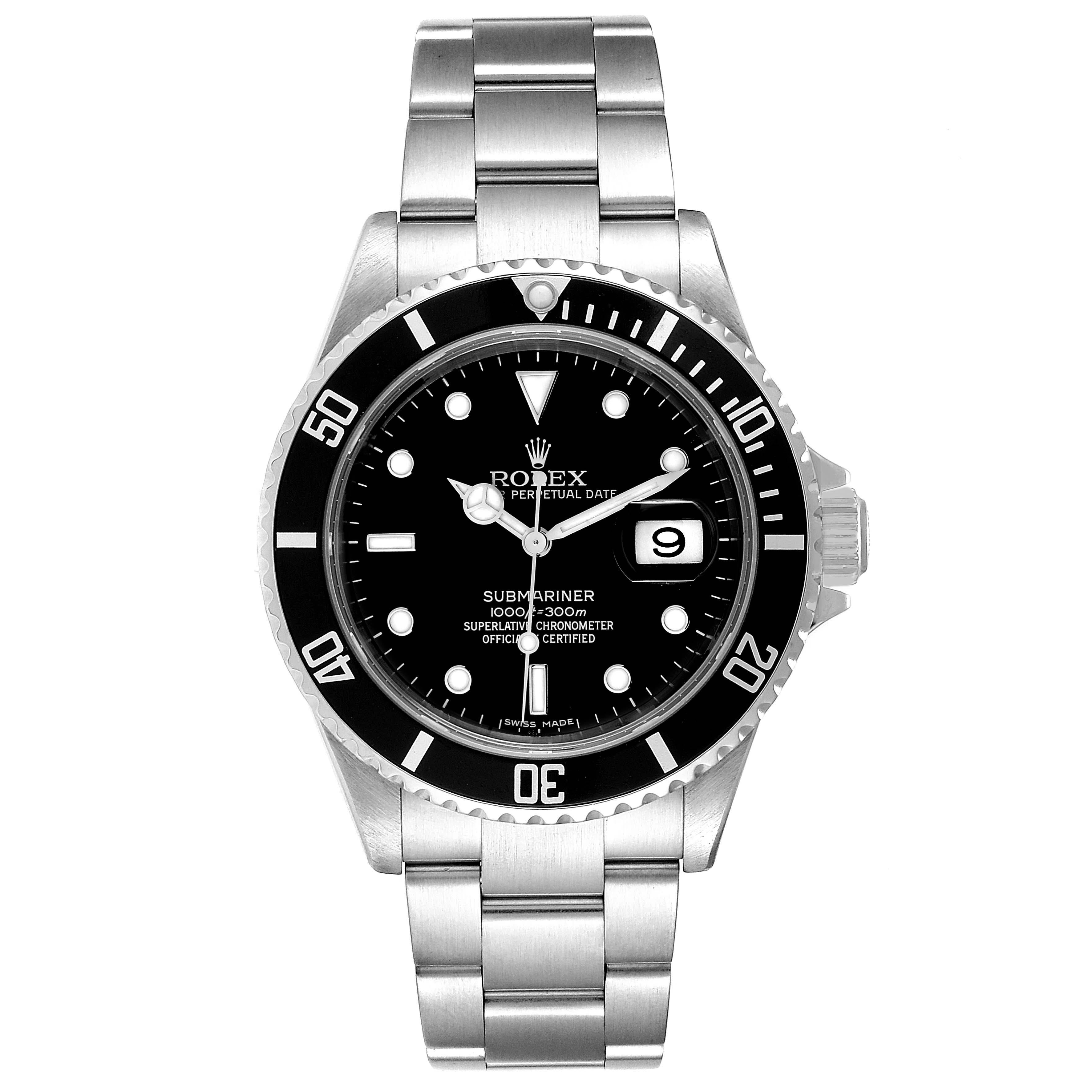 Rolex Submariner Date 40mm Stainless Steel Mens Watch 16610. Officially certified chronometer self-winding movement. Stainless steel case 40.0 mm in diameter. Rolex logo on a crown. Special time-lapse unidirectional rotating bezel. Scratch resistant