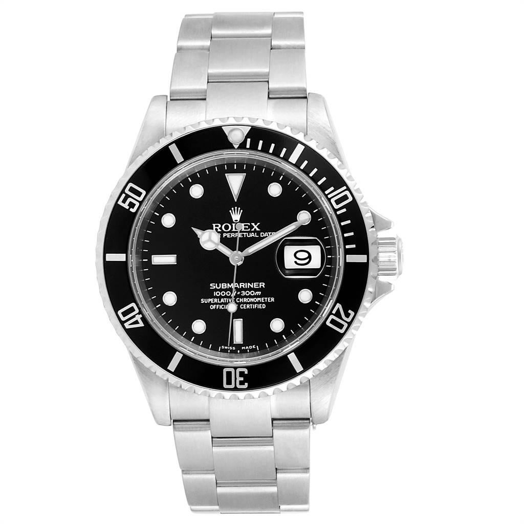 Rolex Submariner Date 40mm Stainless Steel Mens Watch 16610. Officially certified chronometer self-winding movement. Stainless steel case 40.0 mm in diameter. Rolex logo on a crown. Special time-lapse unidirectional rotating bezel. Scratch resistant
