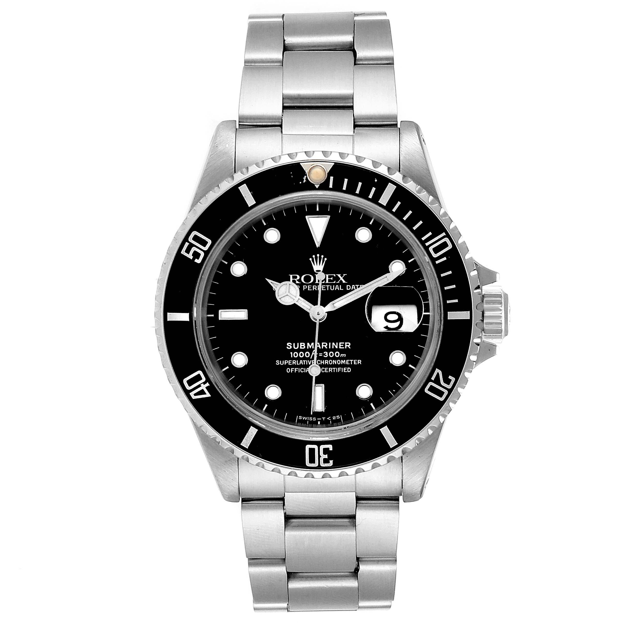Rolex Submariner Date 40mm Stainless Steel Mens Watch 16610. Officially certified chronometer self-winding movement. Stainless steel case 40.0 mm in diameter. Rolex logo on a crown. Special time-lapse unidirectional rotating bezel. Scratch resistant