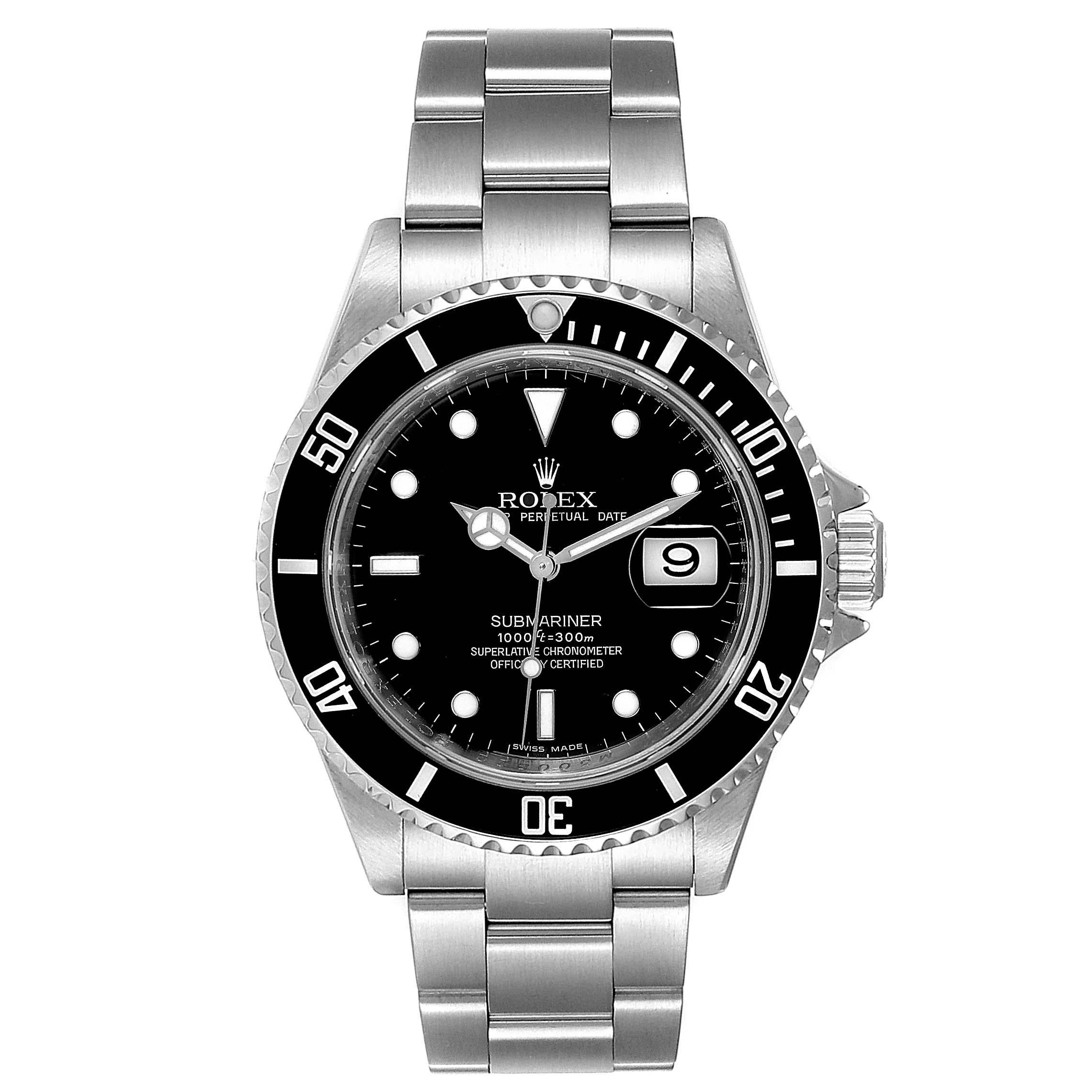 Rolex Submariner Date 40mm Stainless Steel Mens Watch 16610. Officially certified chronometer self-winding movement. Stainless steel case 40.0 mm in diameter. Rolex logo on a crown. Special time-lapse unidirectional rotating bezel. Scratch resistant