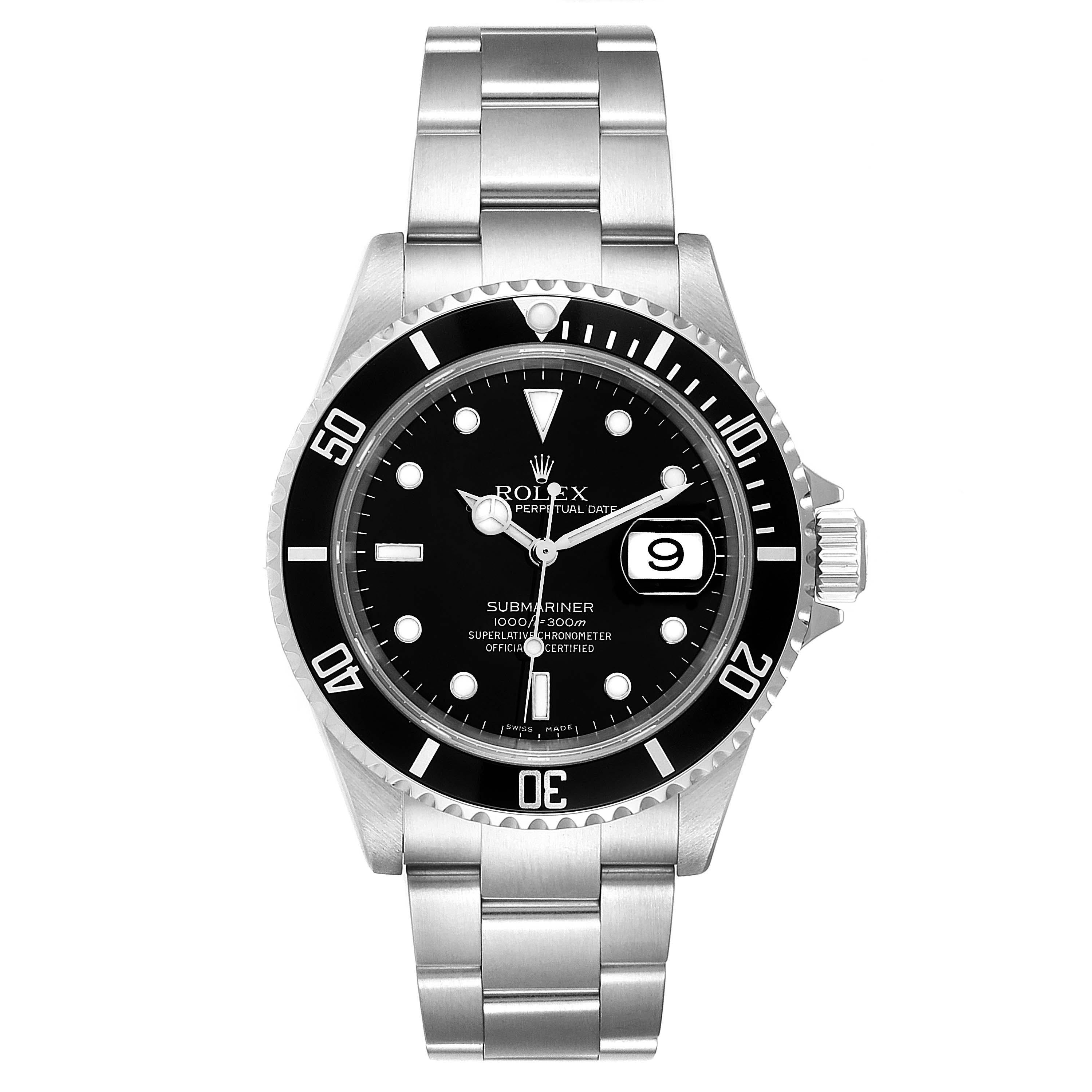 Rolex Submariner Date 40mm Stainless Steel Mens Watch 16610. Officially certified chronometer self-winding movement. Stainless steel case 40.0 mm in diameter. Rolex logo on a crown. Special time-lapse unidirectional rotating bezel. Scratch resistant