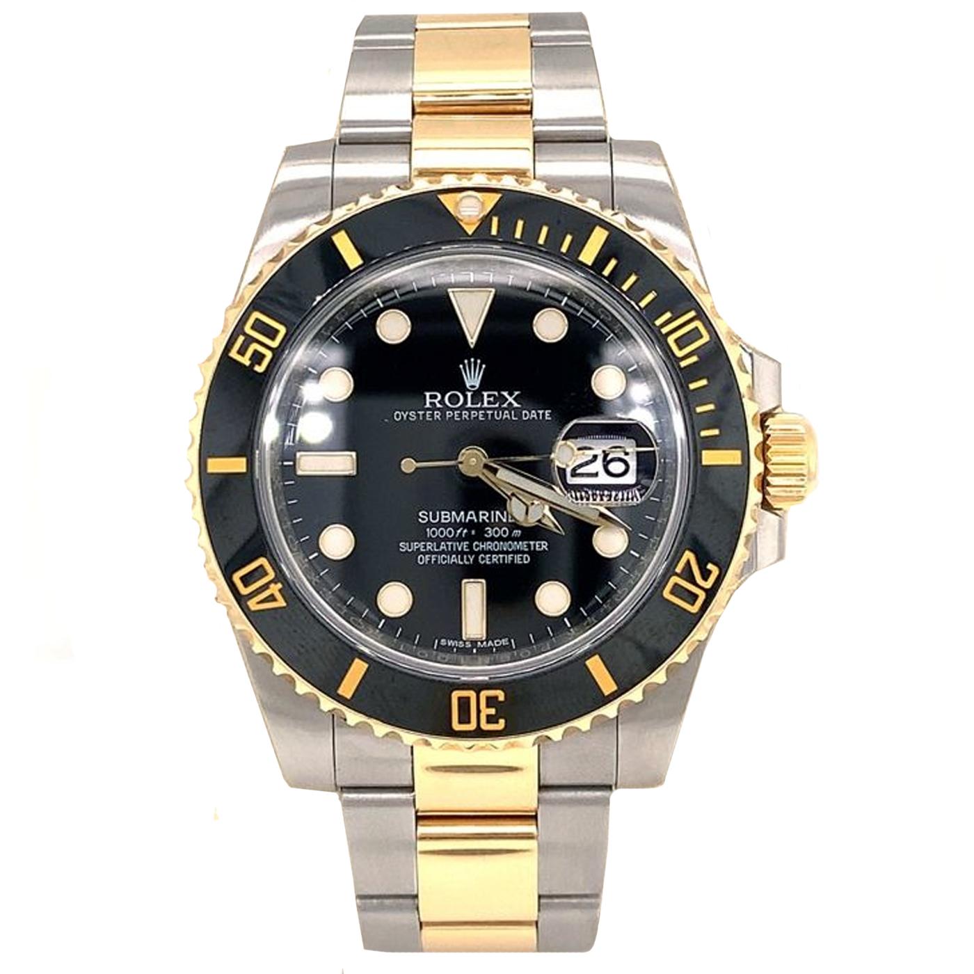 Rolex Submariner Date 116613LN men watch. Features a yellow case and oyster bracelet which is a combination of oyster steel and 18 ct yellow gold. The unidirectional rotating bezel has a black ceramic insert with a 60-minute scale that has