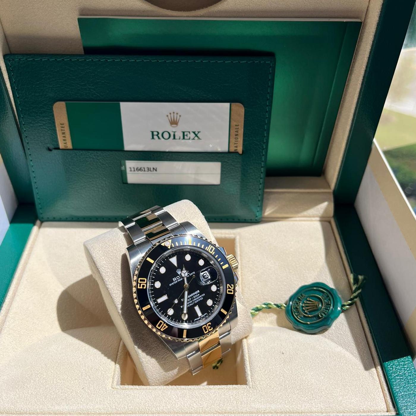 Rolex Submariner Date Two-Tone Gold Black Dive Ceramic Steel Watch 116613LN For Sale 4