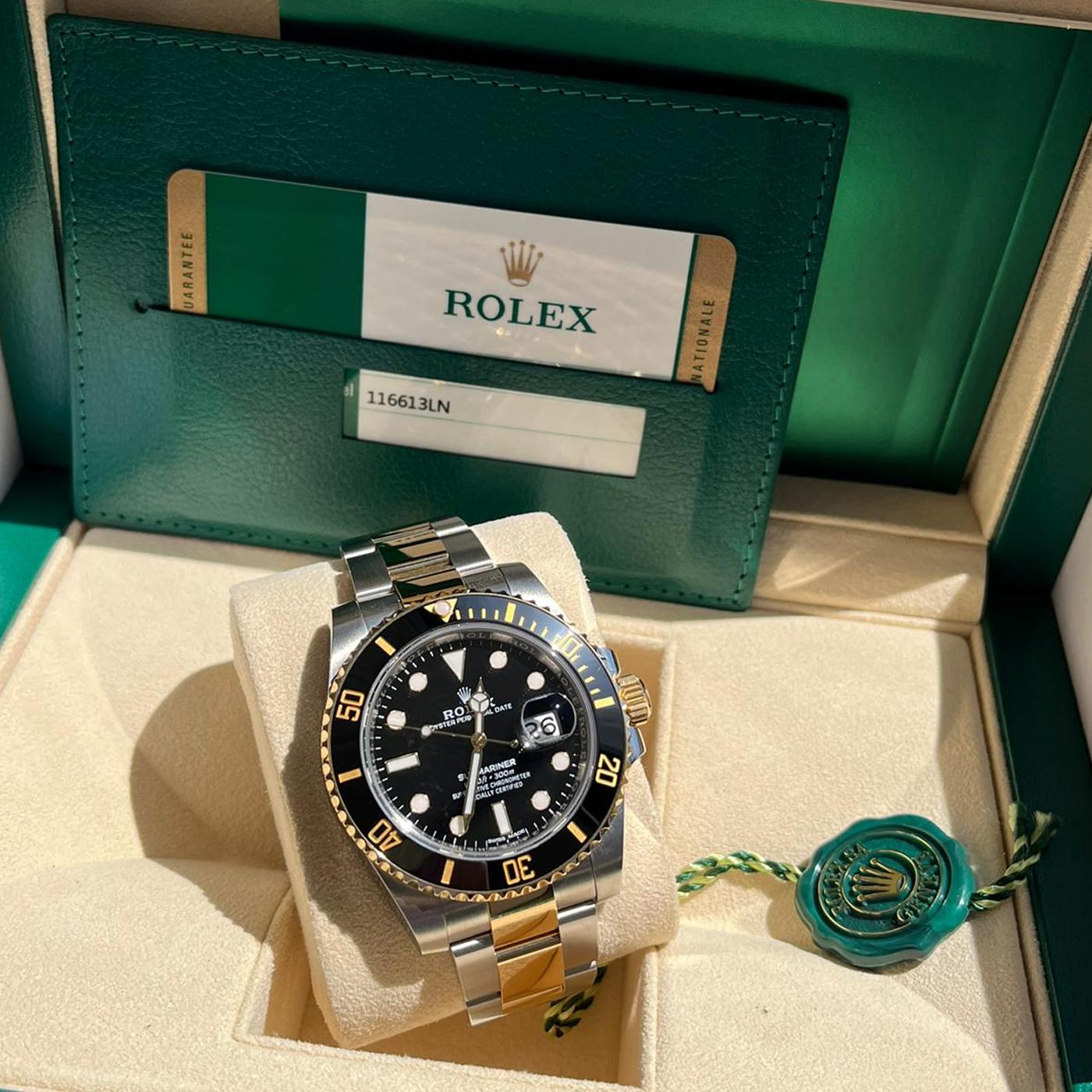 Rolex Submariner Date Two-Tone Gold Black Dive Ceramic Steel Watch 116613LN For Sale 5