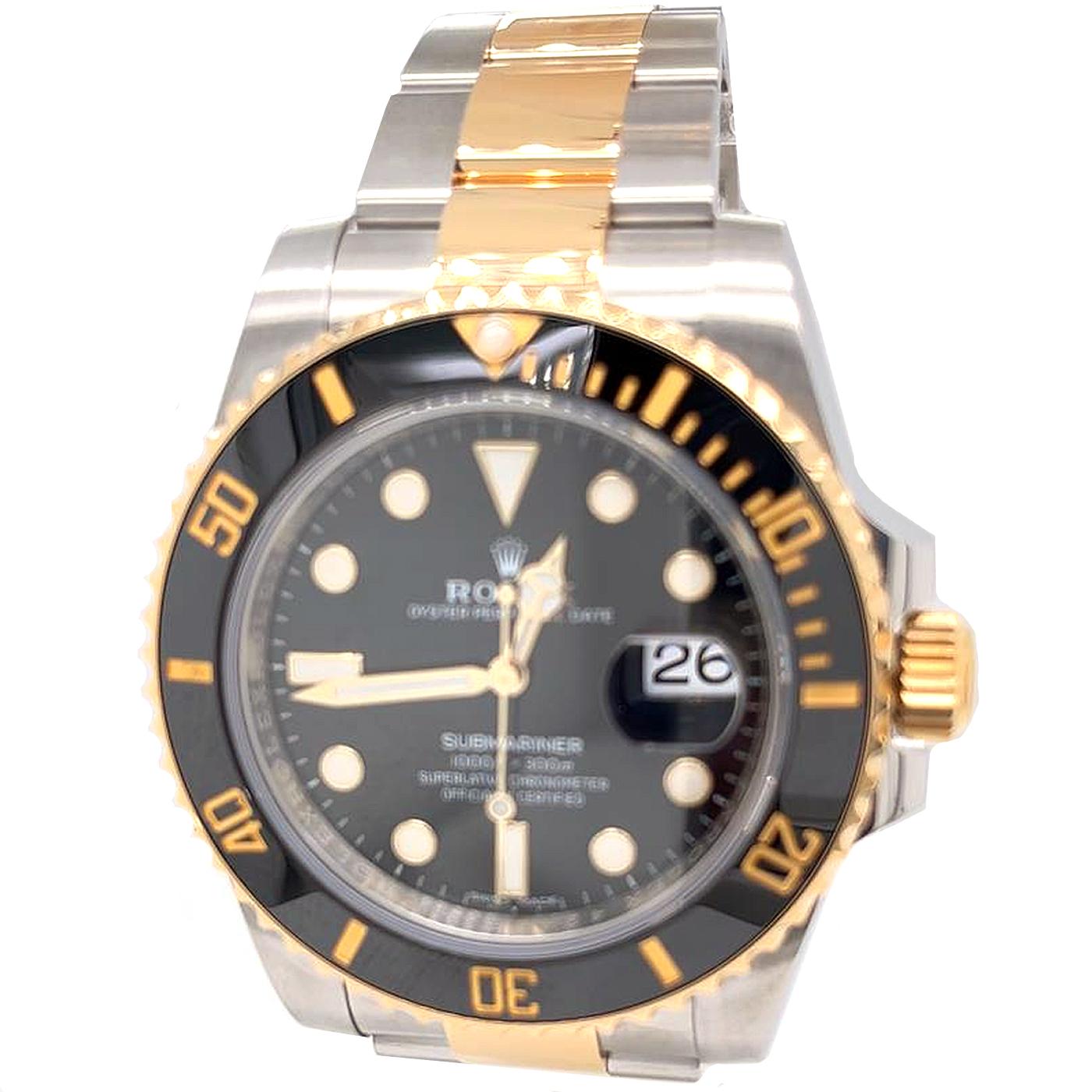 Rolex Submariner Date 116613LN men watch. Features a brushed and polished yellow case and oyster bracelet which is a combination of oyster steel and 18 ct yellow gold. The unidirectional rotating bezel has a black ceramic insert with a 60-minute