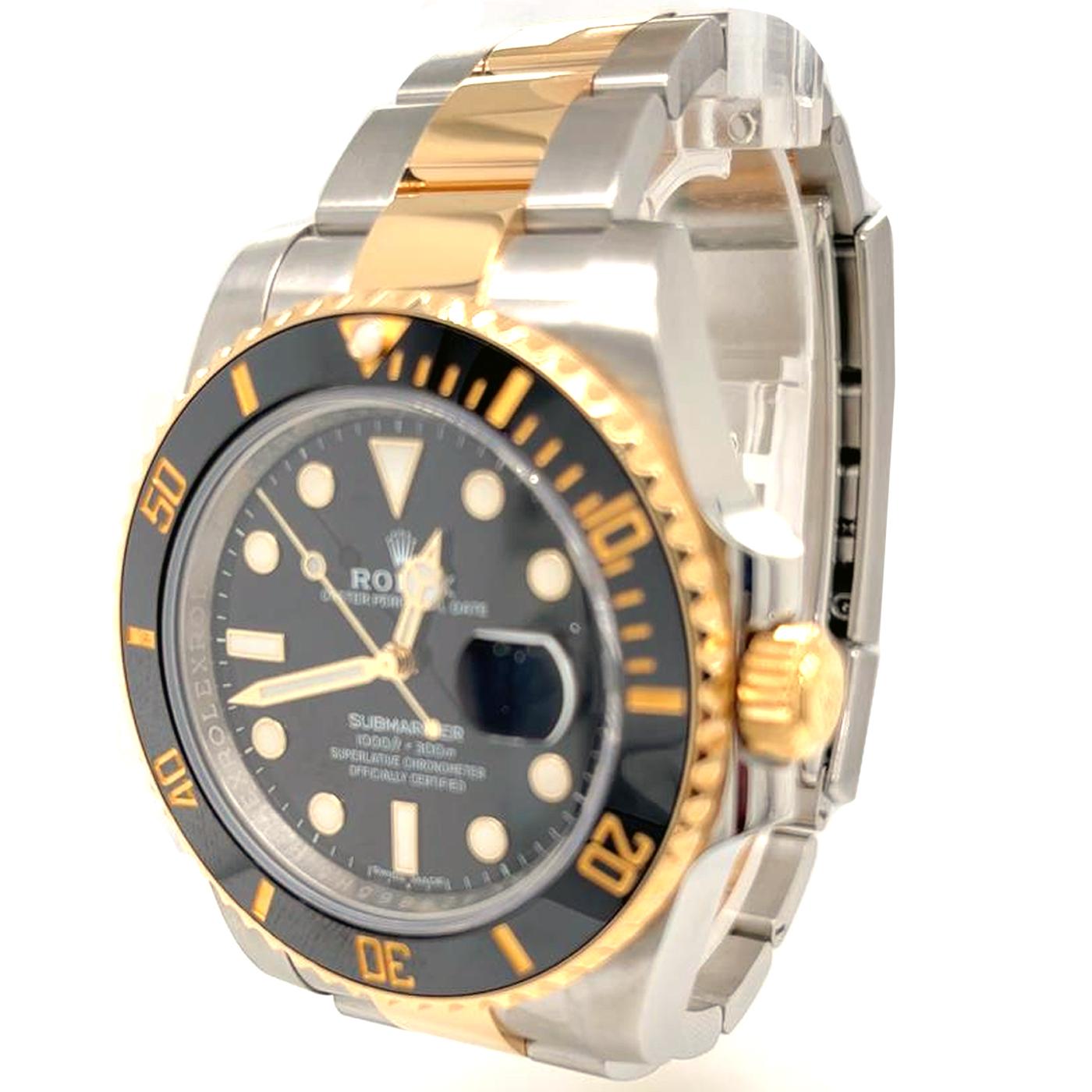 Moderniste Rolex Montre Submariner Date bicolore en or et acier céramique noire avec cadran en plongeoir 116613LN en vente
