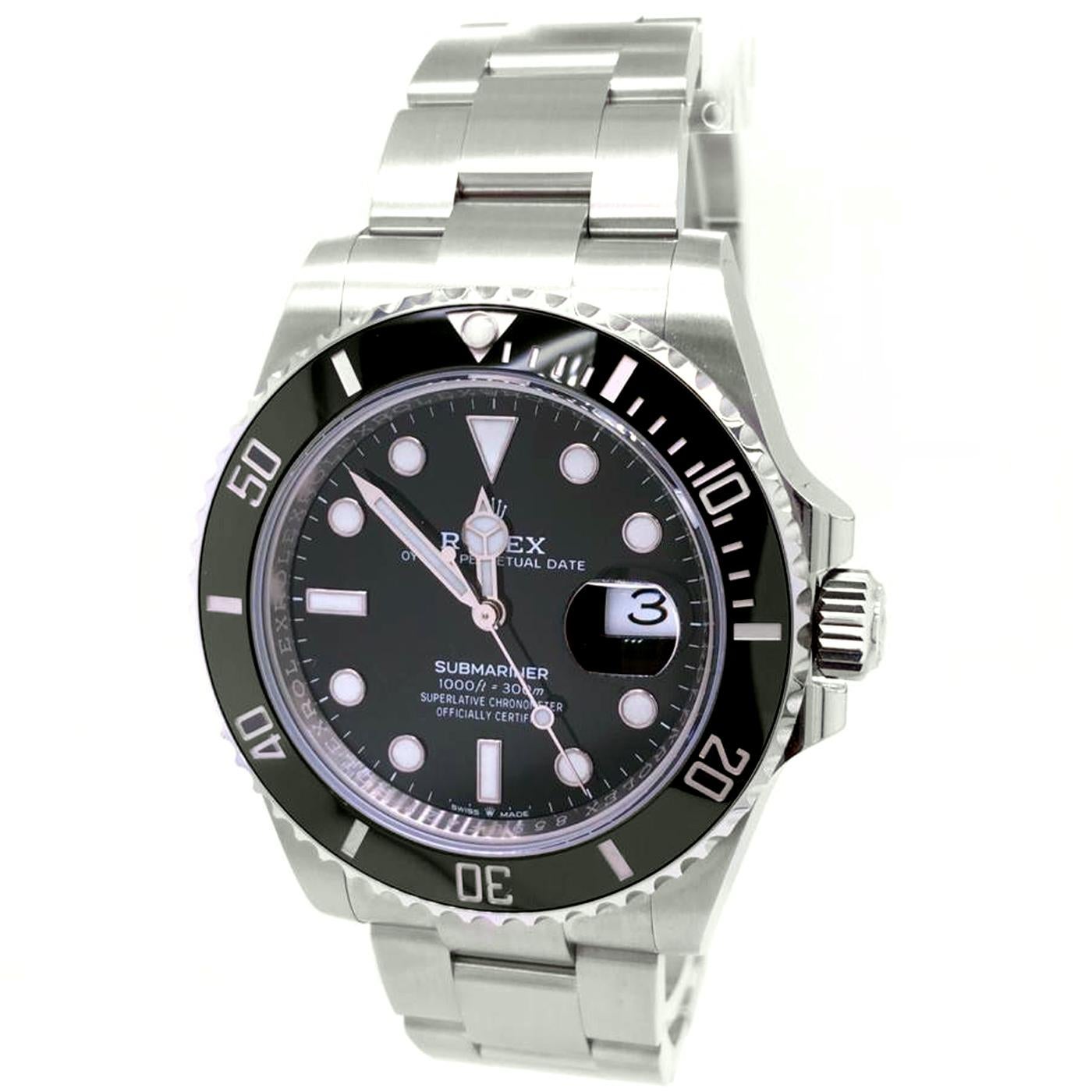 The oyster perpetual submariner date in oyster steel black ceramic and a black dial with large luminescent hour markers. It features a unidirectional rotatable bezel and solid-link oyster bracelet. The latest generation submariner and submariner