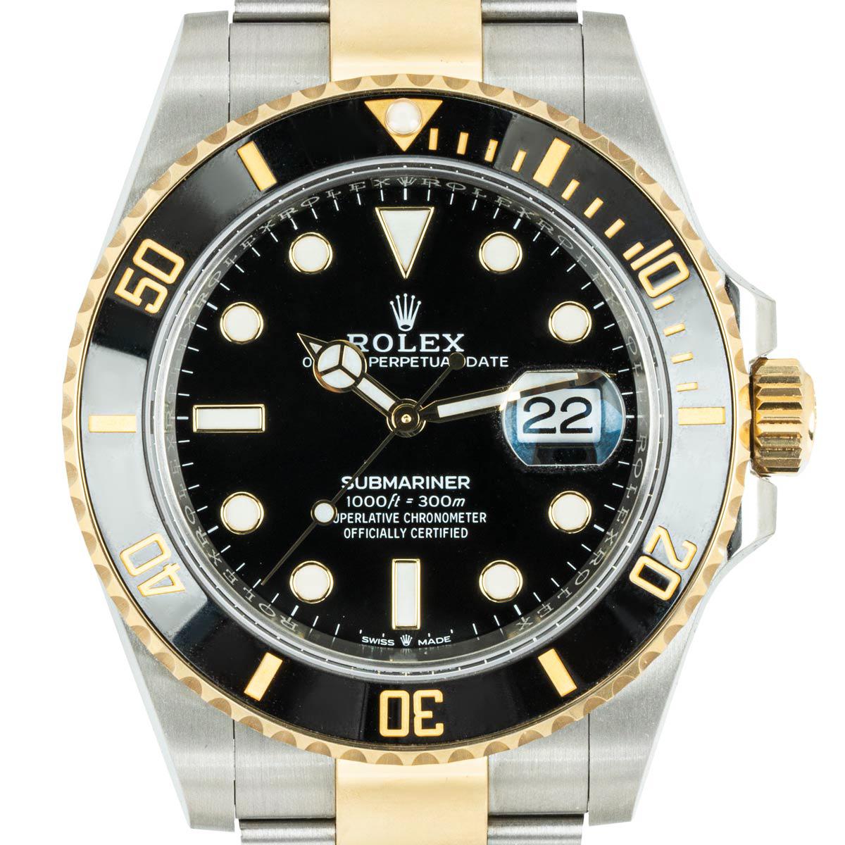 A 41mm Submariner Date, in Oystersteel and yellow gold by Rolex. Featuring a black dial, this 126613LN also features a yellow gold uni-directional rotatable bezel with a black ceramic insert.

The Oyster bracelet comes with the Oysterlock folding