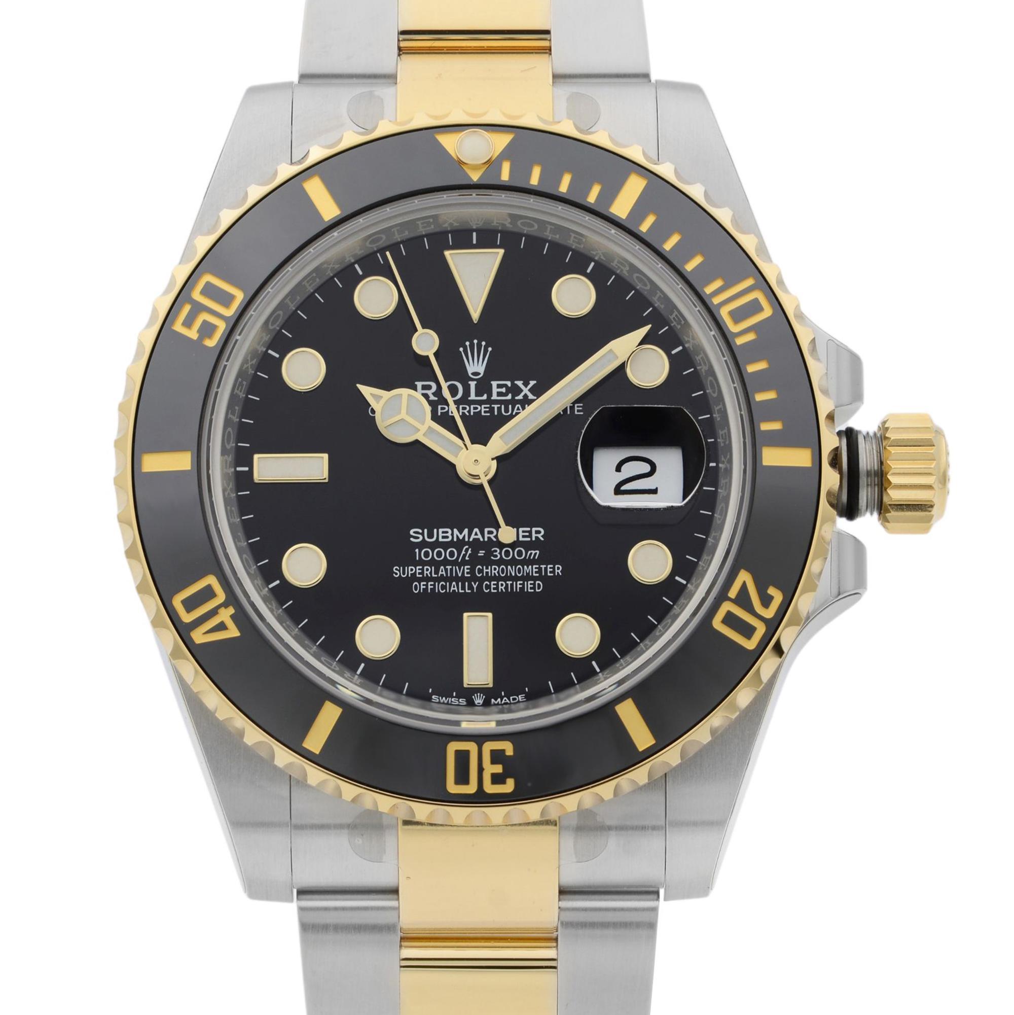 Unworn Fully Stickered 2022 Card Rolex Submariner Date 41mm Steel 18K Yellow Gold Black Dial Watch 126613LN. This Beautiful Timepiece is Powered by an Automatic Movement and Features: Stainless Steel Round Case with a Stainless Steel and 18k Yellow