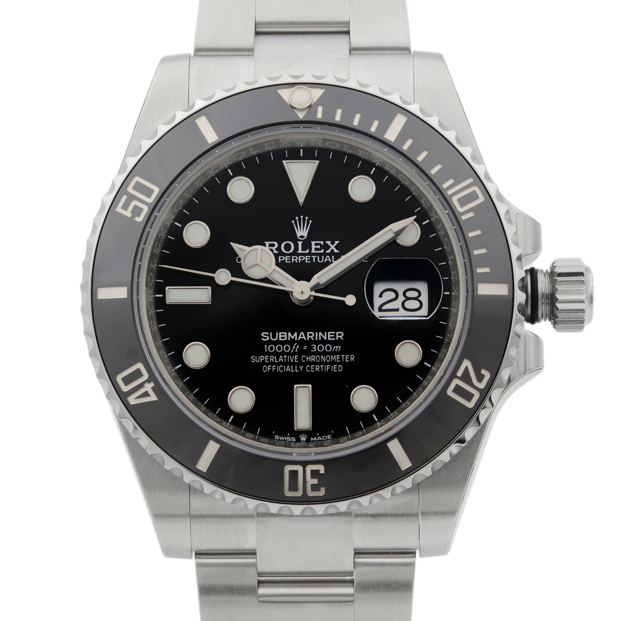 This brand new Rolex Submariner 126610LN is a beautiful men's timepiece that is powered by mechanical (automatic) movement which is cased in a stainless steel case. It has a round shape face, depth indicator dial and has hand  style markers. It is