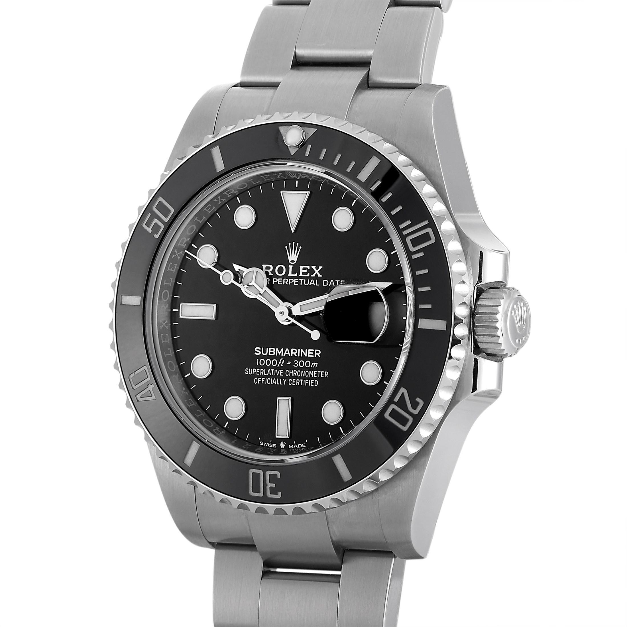 The Rolex Submariner Date has set the ultimate standard for divers’ watches. Representing a historic turning point, the timepiece features a black Cerachrom unidirectional bezel, a black Oystersteel 41mm dial with luminescent hour markers, a solid