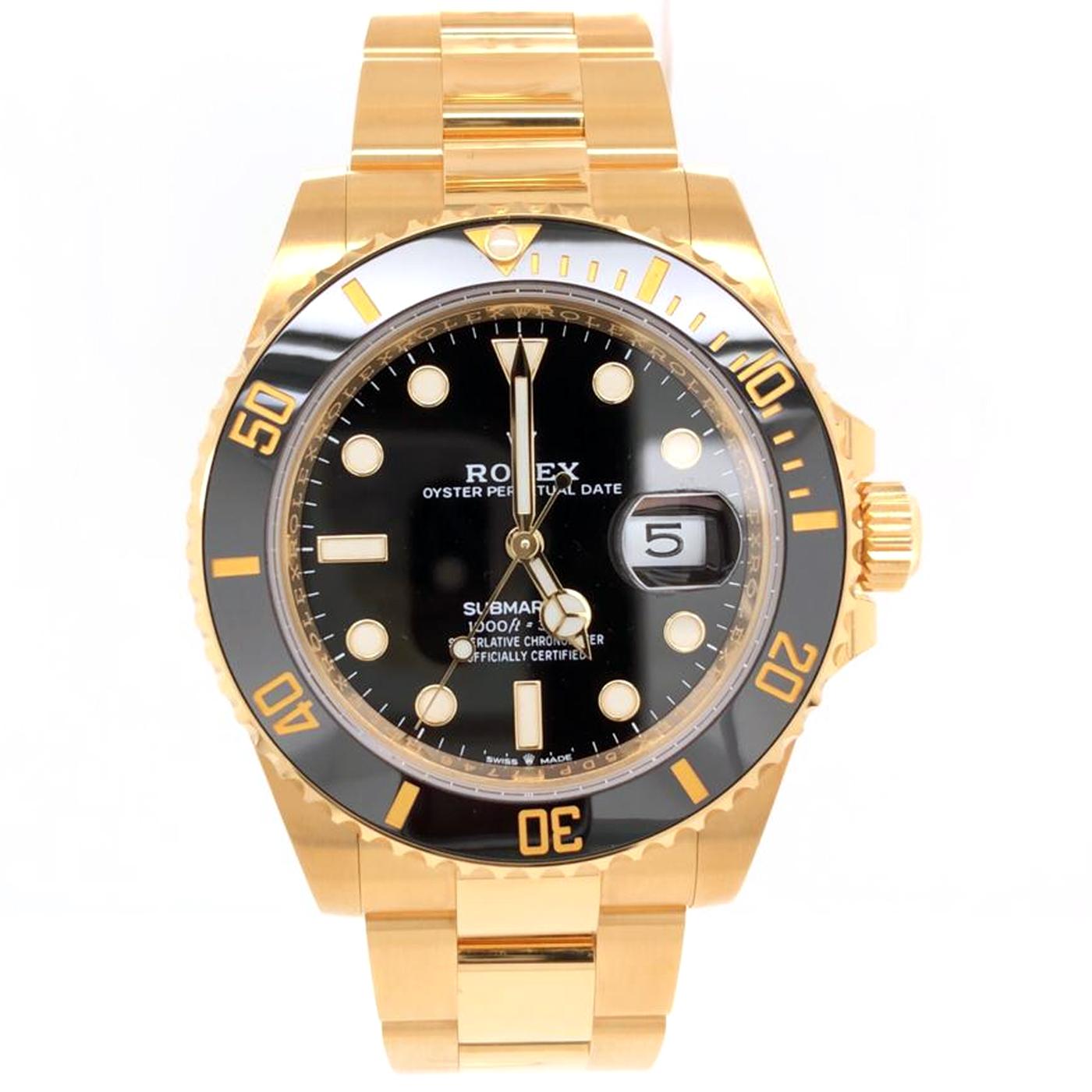 The oyster perpetual submariner date in 18 ct yellow gold in black ceramic and a black dial with large luminescent hour markers. It features a unidirectional rotatable bezel and solid-link Oyster bracelet. The latest generation Submariner and