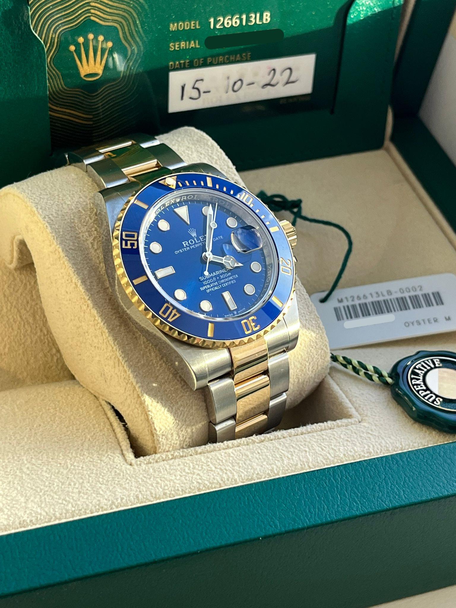 Rolex Submariner Date 41mm Yellow Gold Steel Blue Dial Bezel Mens Watch 126613LB For Sale 6