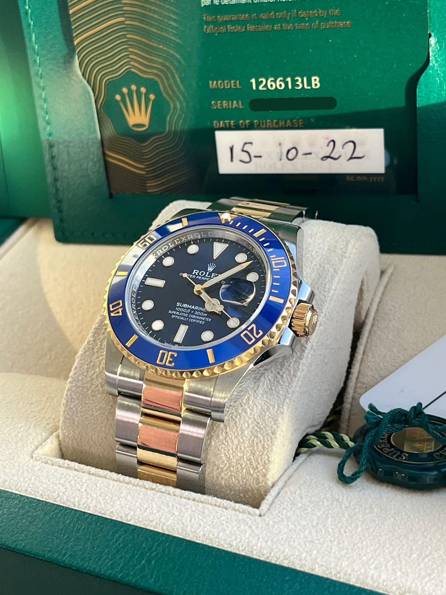 Rolex Submariner Date 41mm Yellow Gold Steel Blue Dial Bezel Mens Watch 126613LB For Sale 7