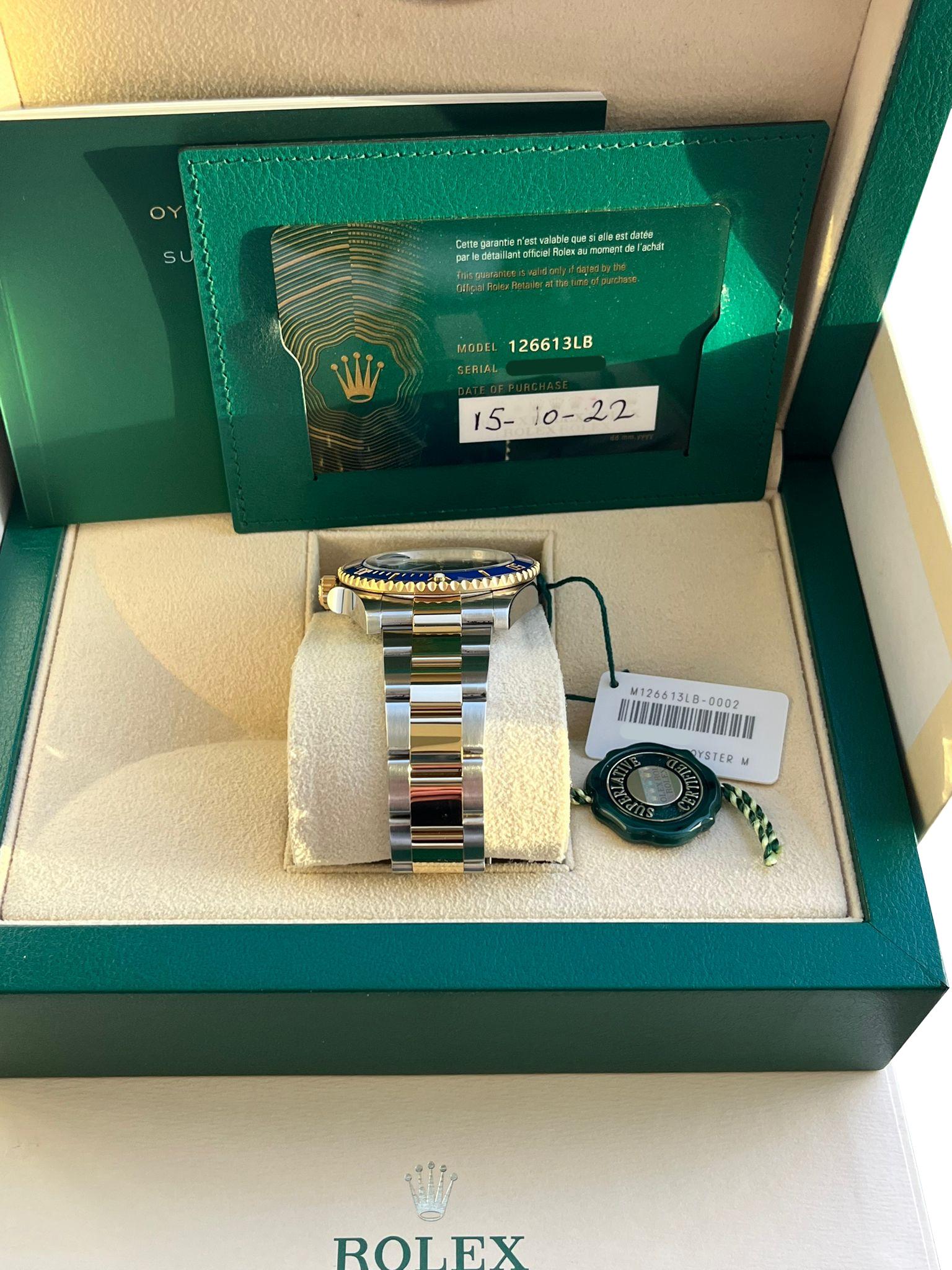 Rolex Submariner Date 41mm Yellow Gold Steel Blue Dial Bezel Mens Watch 126613LB For Sale 8