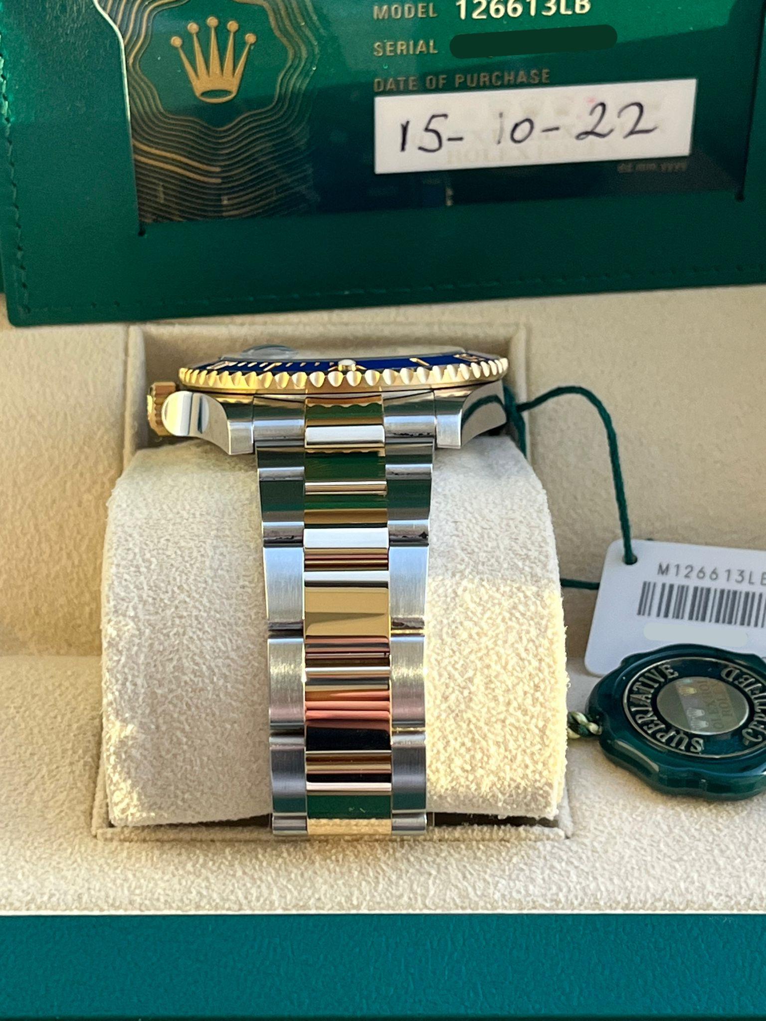 Rolex Submariner Date 41mm Yellow Gold Steel Blue Dial Bezel Mens Watch 126613LB For Sale 9