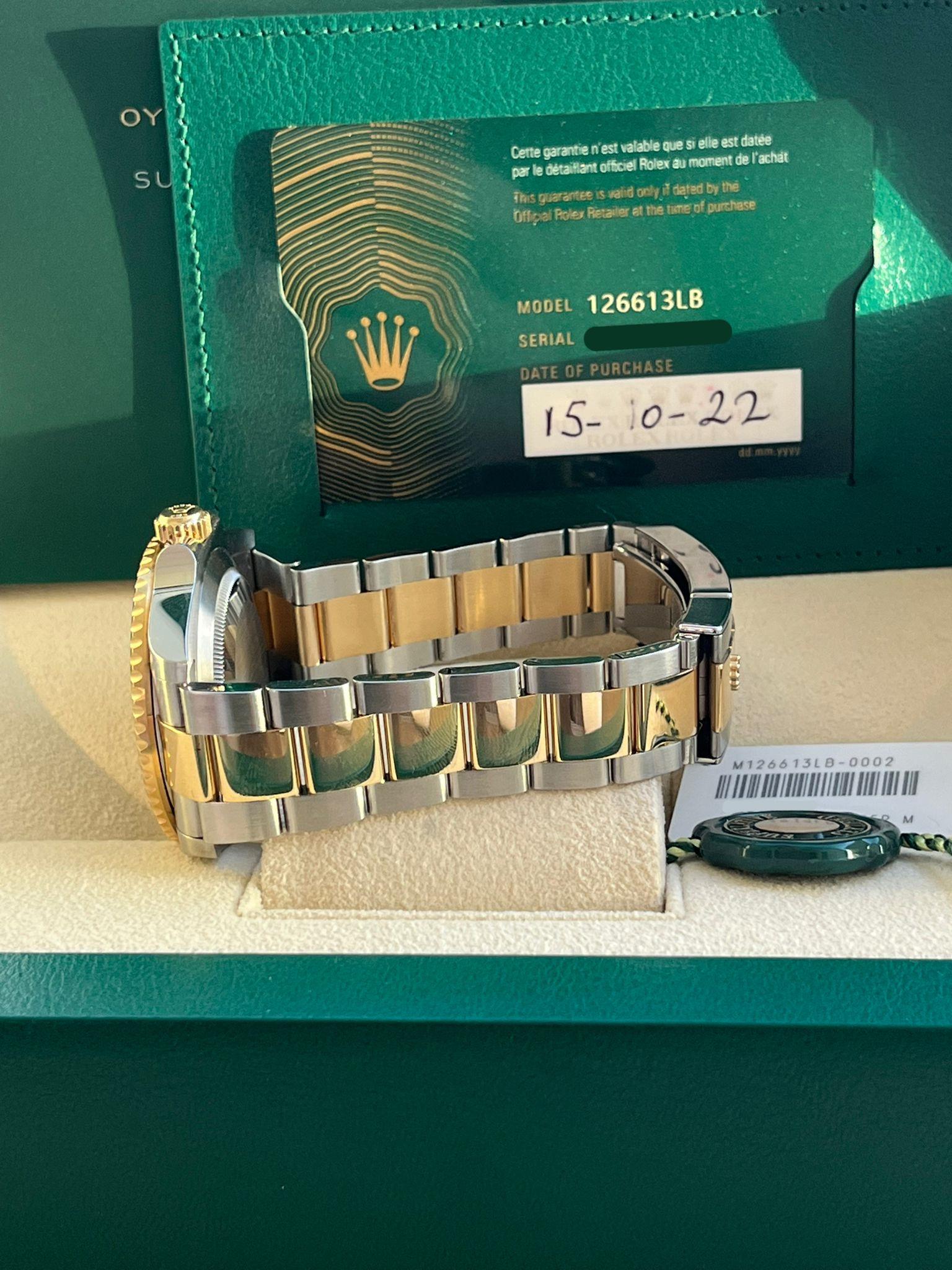Rolex Submariner Date 41mm Yellow Gold Steel Blue Dial Bezel Mens Watch 126613LB For Sale 10