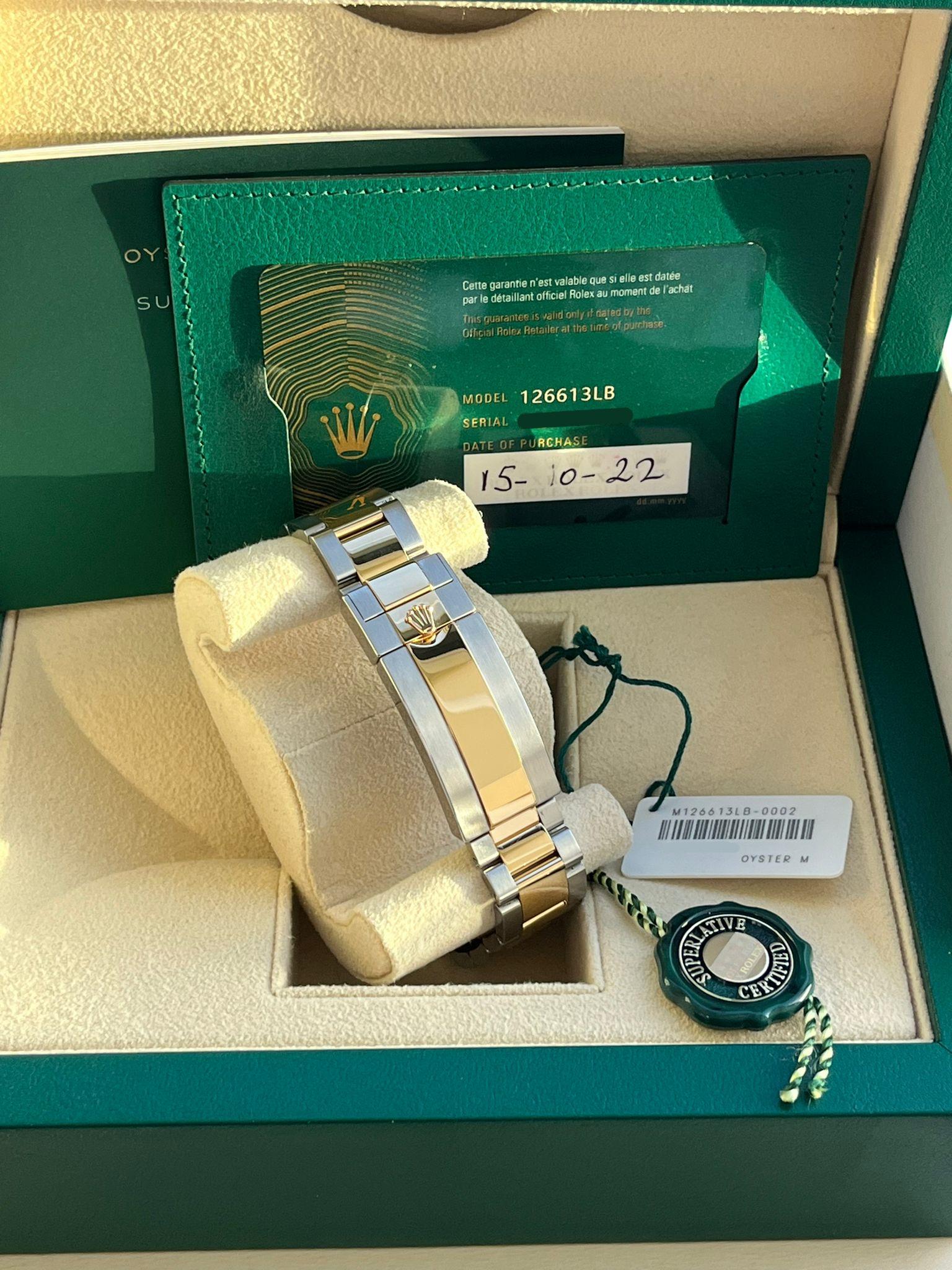 Rolex Submariner Date 41mm Yellow Gold Steel Blue Dial Bezel Mens Watch 126613LB For Sale 14