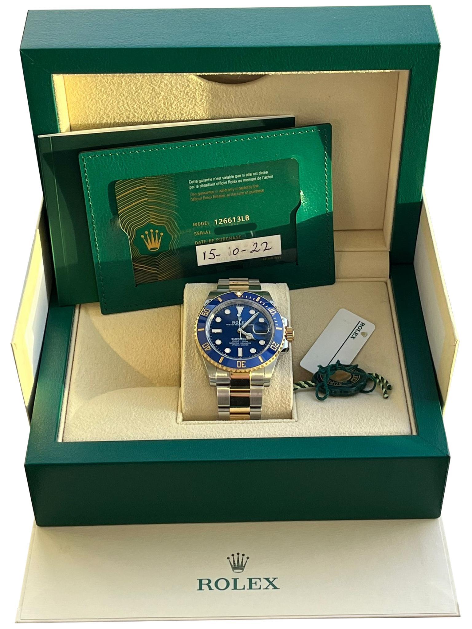 The Oyster Perpetual Submariner Date in Oystersteel and yellow gold with a Cerachrom bezel insert in blue ceramic and a royal blue dial with large luminescent hour markers. The Submariner's rotatable bezel is a key functionality of the watch. Its