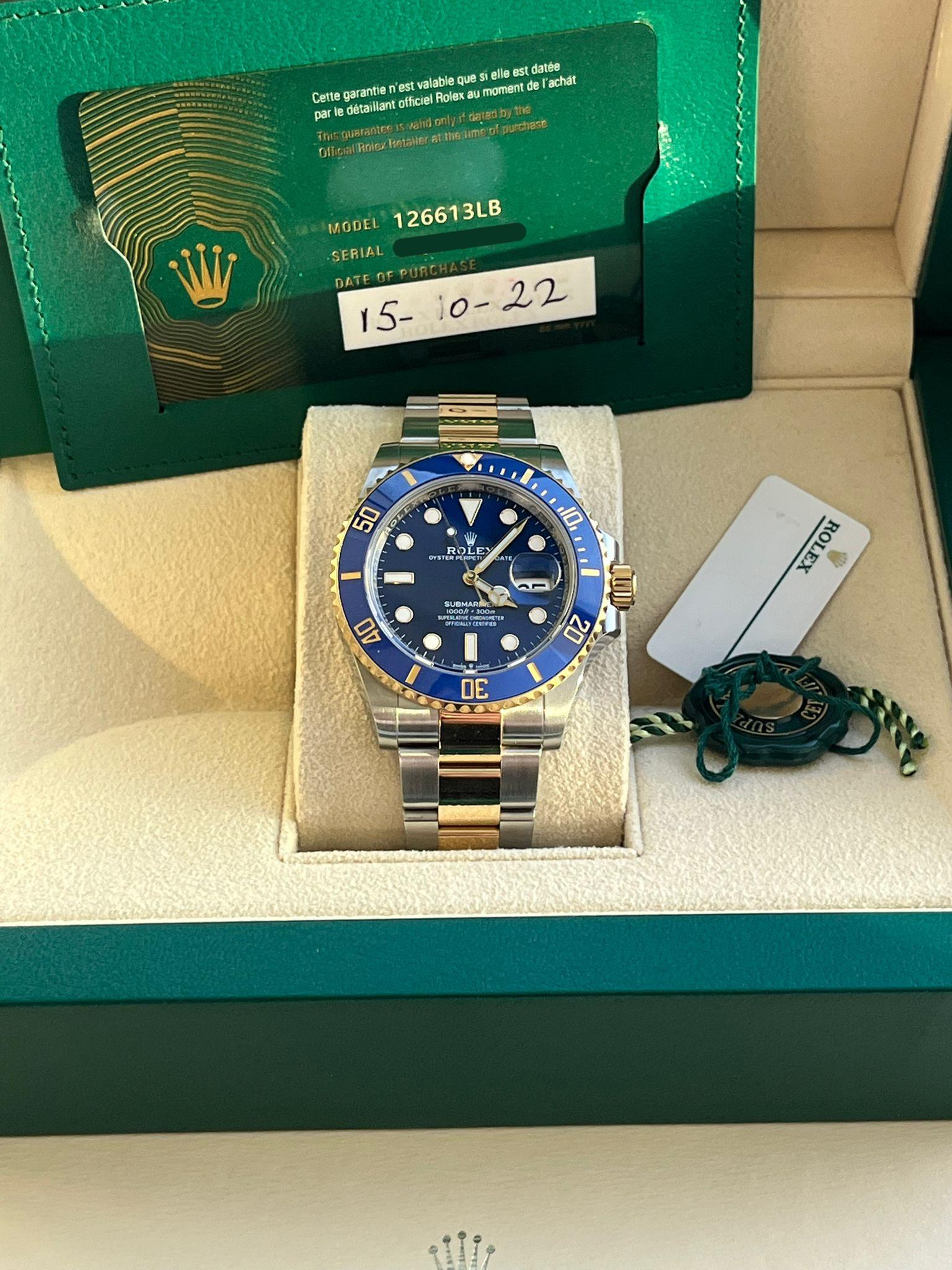 Modernist Rolex Submariner Date 41mm Yellow Gold Steel Blue Dial Bezel Mens Watch 126613LB For Sale