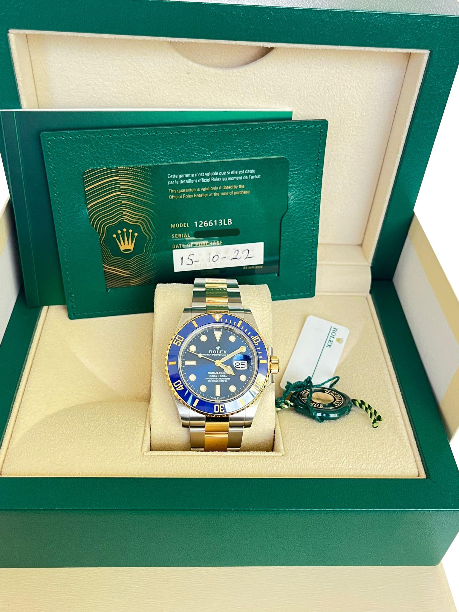 Rolex Submariner Date 41mm Yellow Gold Steel Blue Dial Bezel Mens Watch 126613LB In New Condition For Sale In Aventura, FL