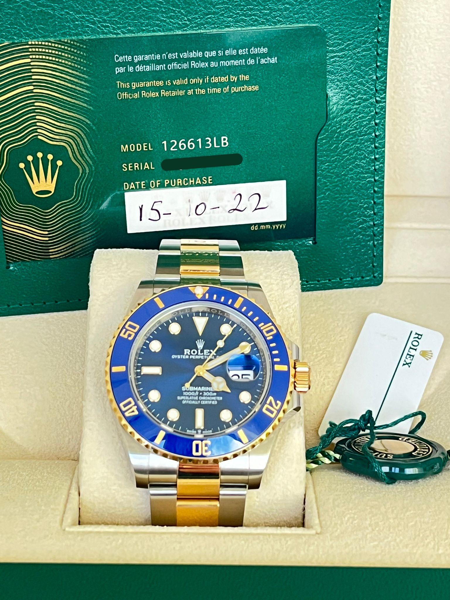 Men's Rolex Submariner Date 41mm Yellow Gold Steel Blue Dial Bezel Mens Watch 126613LB For Sale