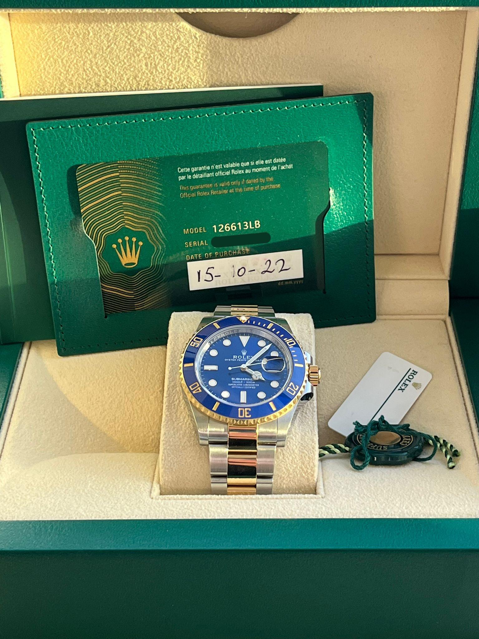 Rolex Submariner Date 41mm Yellow Gold Steel Blue Dial Bezel Mens Watch 126613LB For Sale 1