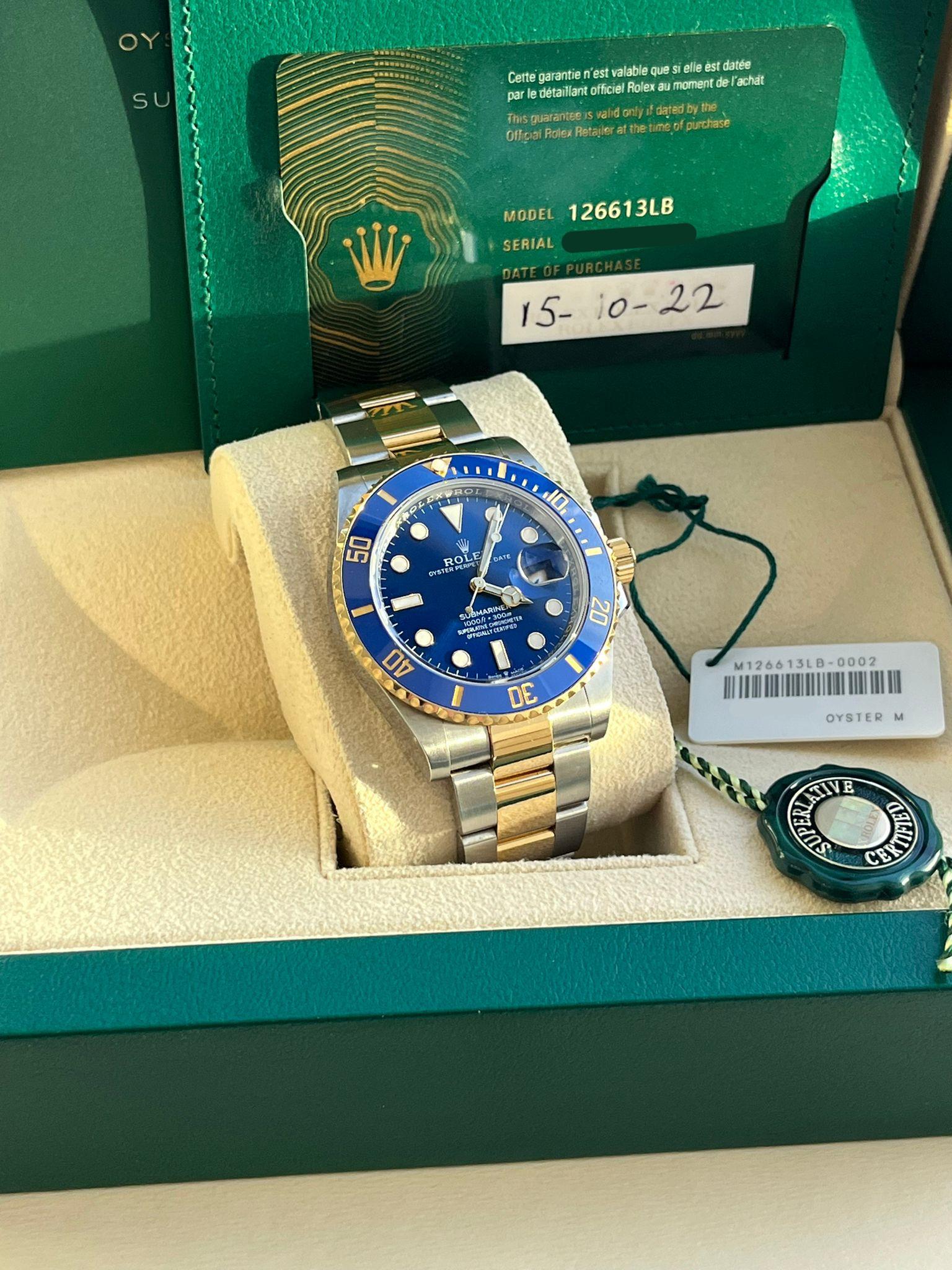 Rolex Submariner Date 41mm Yellow Gold Steel Blue Dial Bezel Mens Watch 126613LB For Sale 3