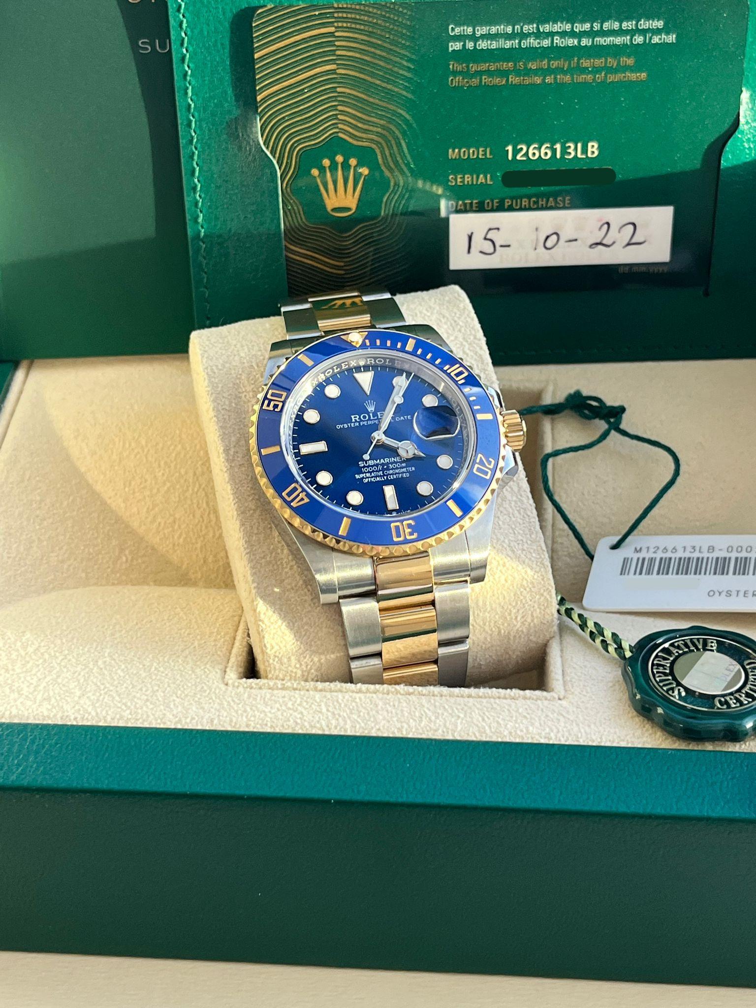 Rolex Submariner Date 41mm Yellow Gold Steel Blue Dial Bezel Mens Watch 126613LB For Sale 4