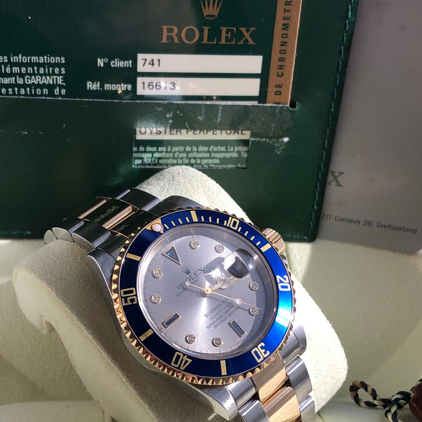Rolex Submariner Date Auto Steel Gold Diamonds Mens Oyster Bracelet Watch 16613 2
